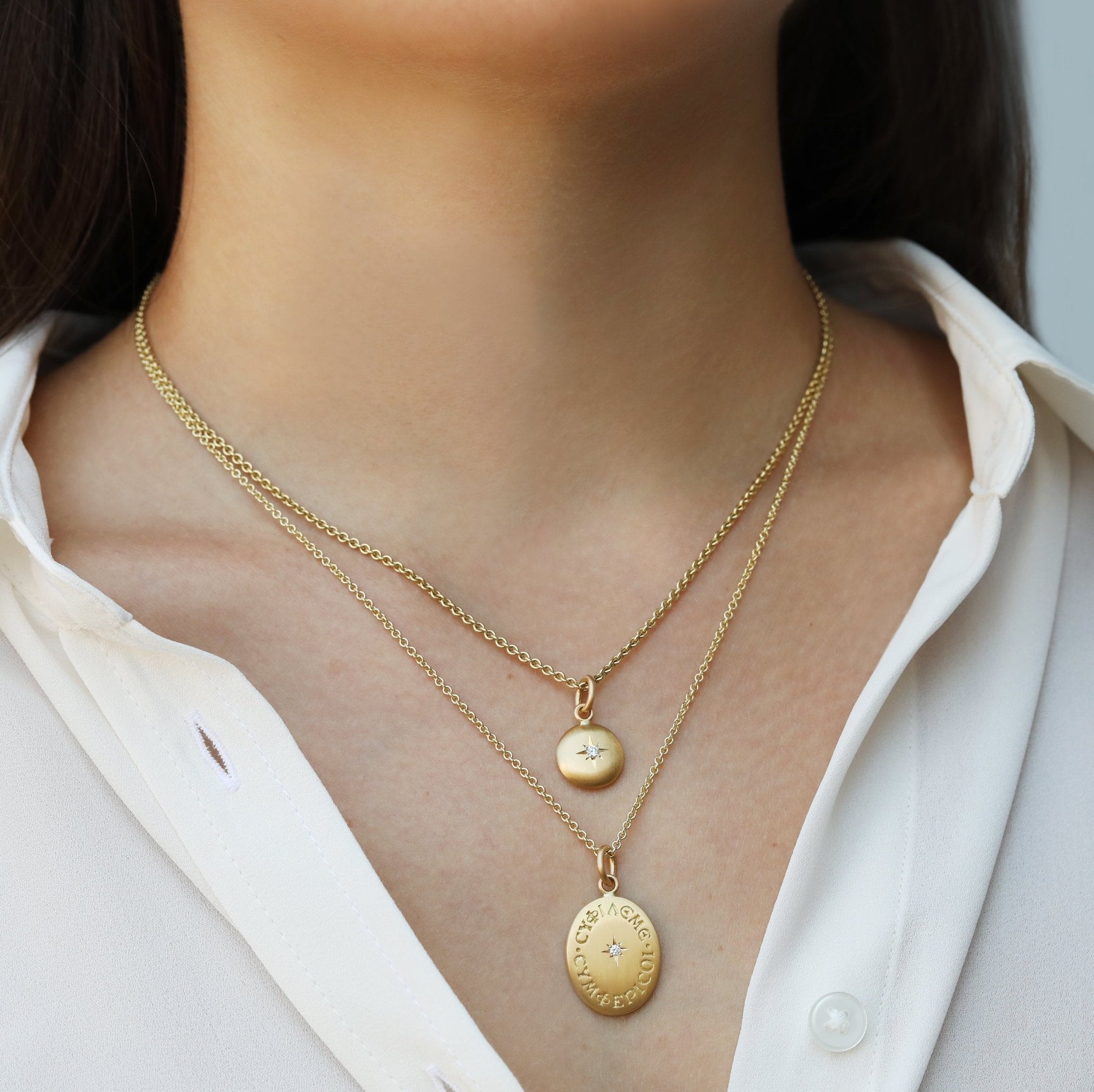 Caroline Ellen 20K Gold Medium Lentil Pendant with Star-Set Diamond Center