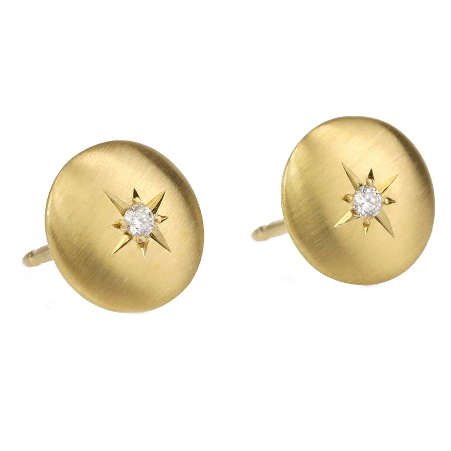 20K Gold Small "Lentil" Studs with Star-Set Diamond Center