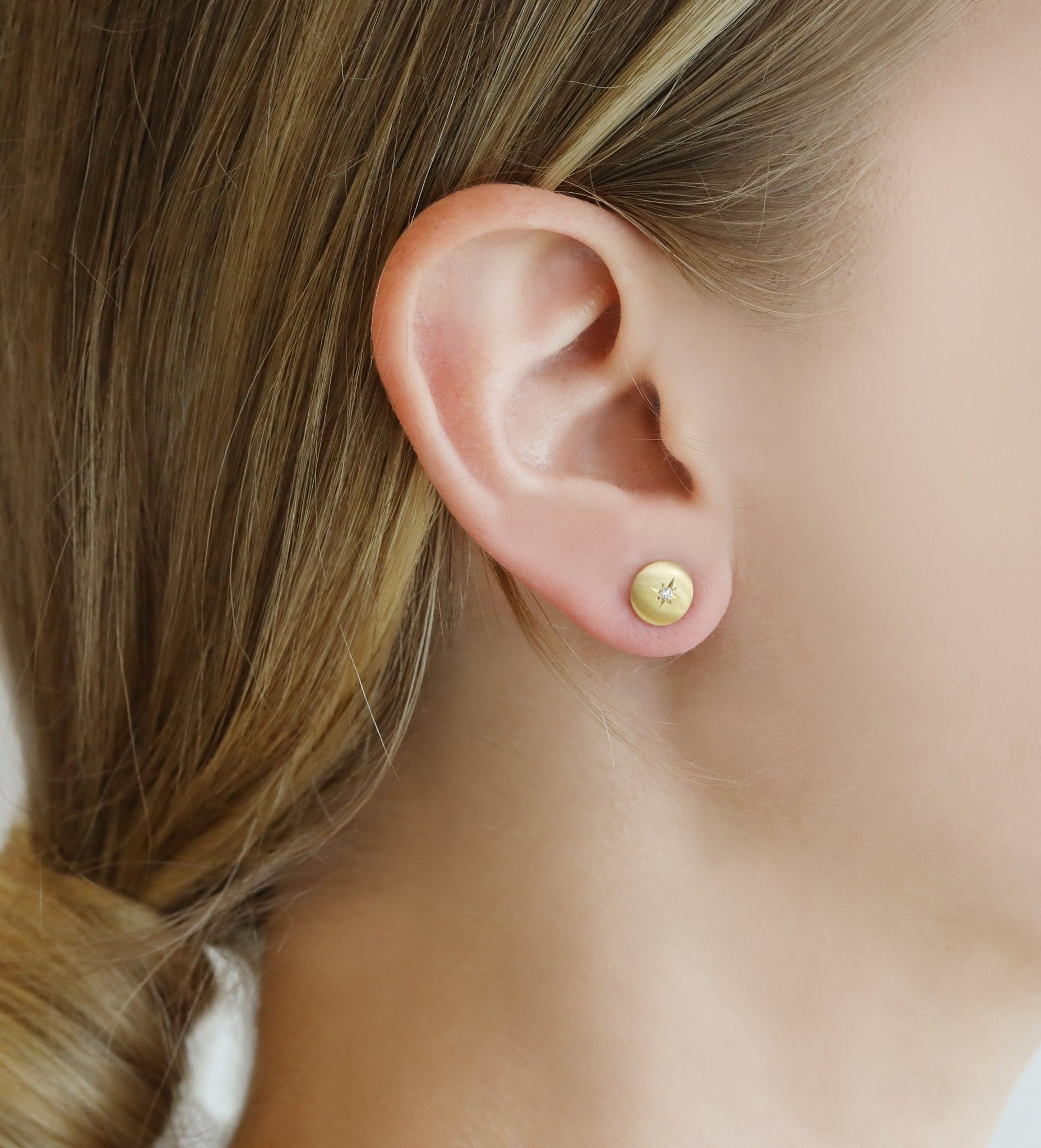 20K Gold Small "Lentil" Studs with Star-Set Diamond Center