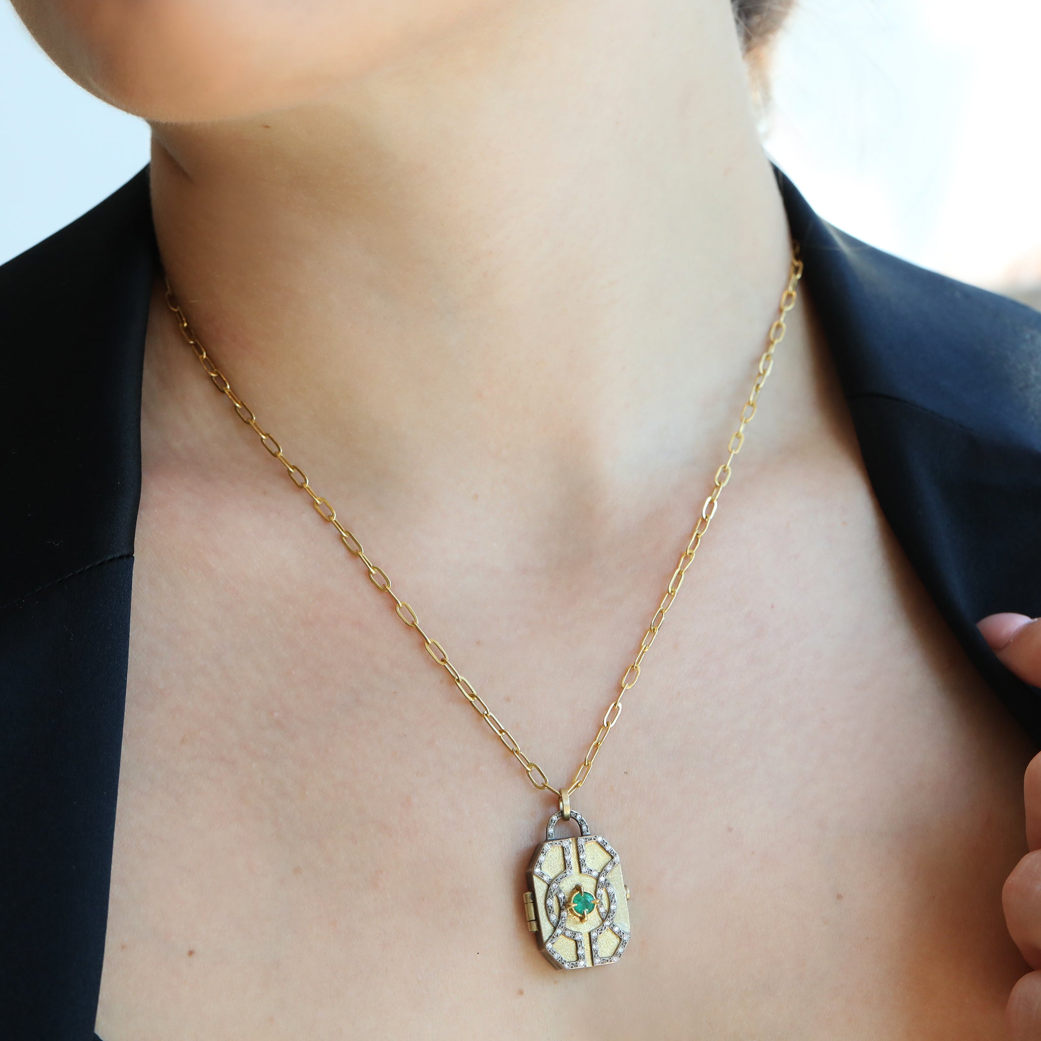 22 & 18K Gold Hand-Fabricated Locket with Center Emerald and Diamonds - Peridot Fine Jewelry - Annie Fensterstock
