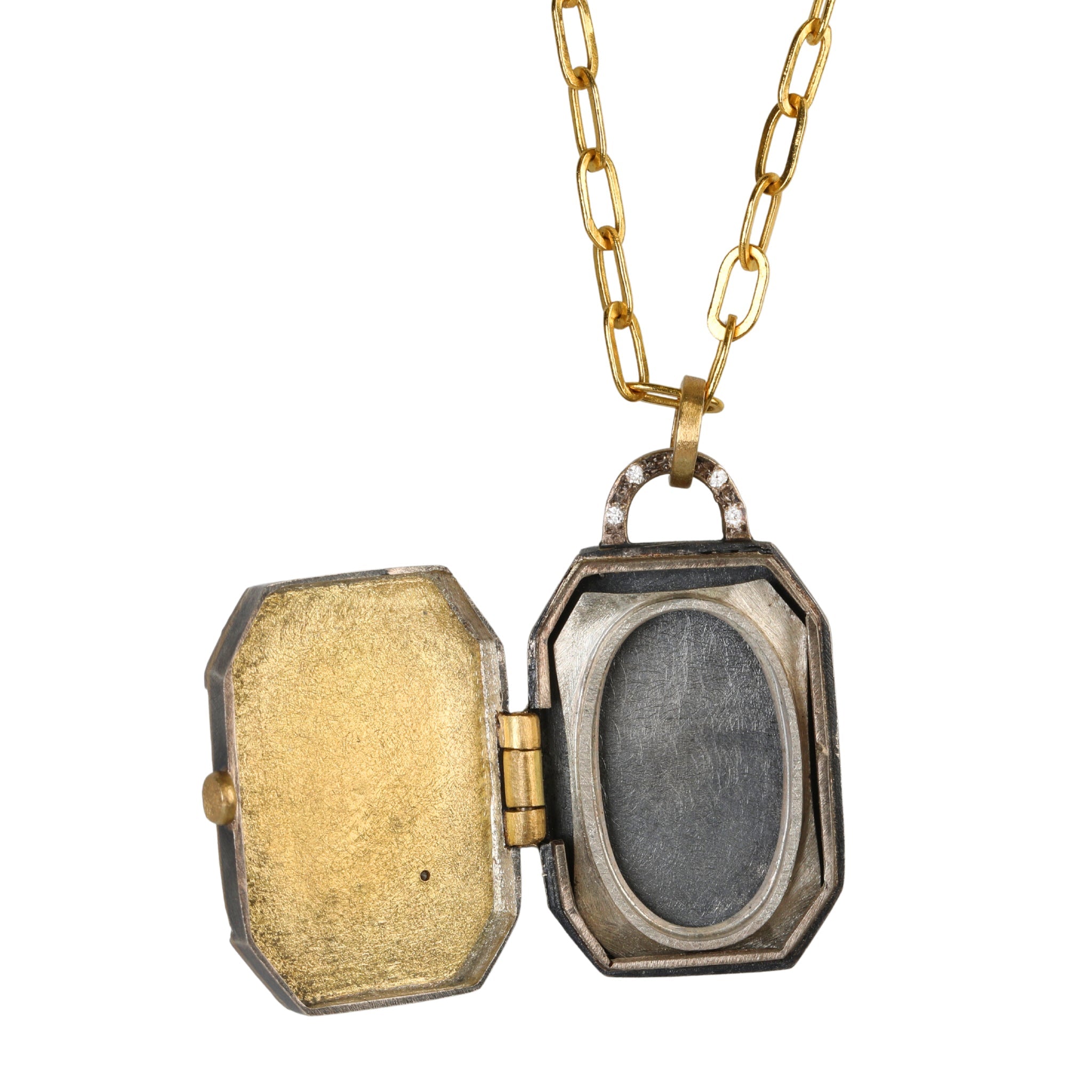 22 & 18K Gold Hand-Fabricated Locket with Center Emerald and Diamonds - Peridot Fine Jewelry - Annie Fensterstock