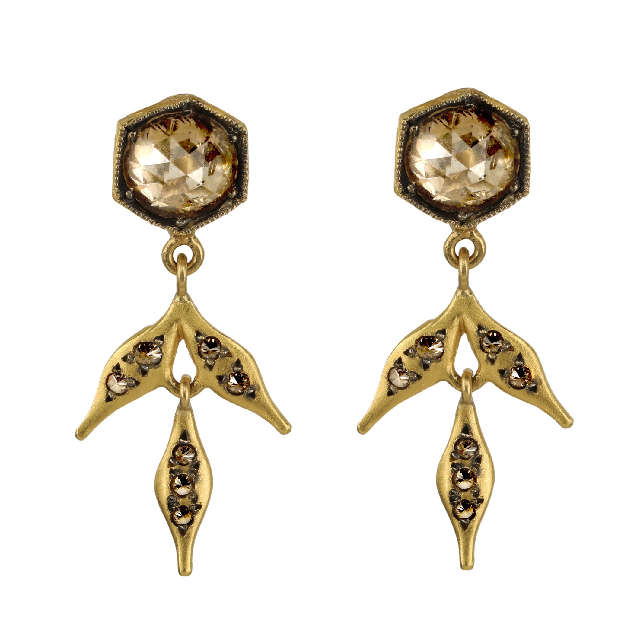 Cathy Waterman 22 Karat Gold and Cognac Moghul Diamond Flexible Wheat Earrings
