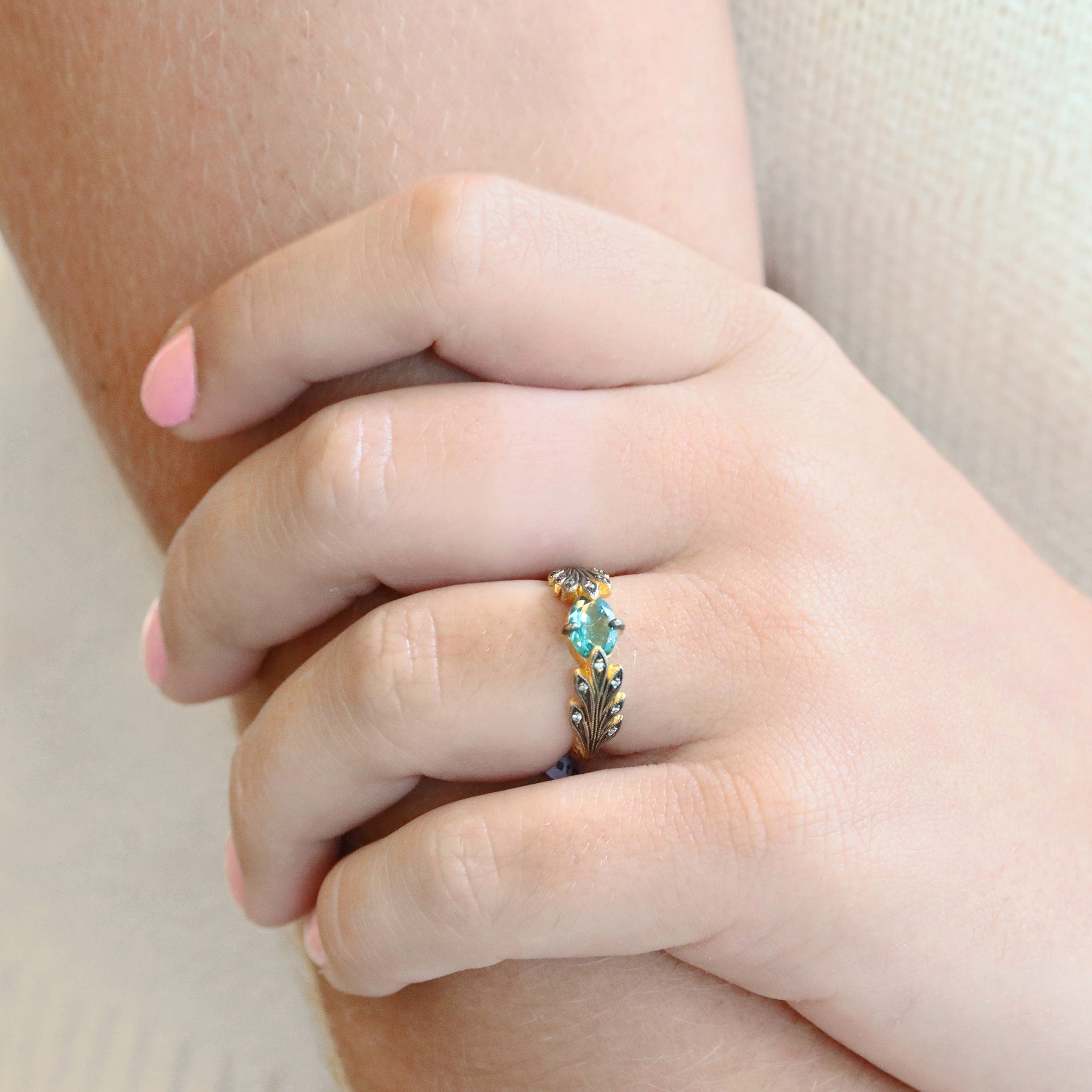 Cathy Waterman 22 Karat Yellow Gold Leafside Ring with Blue/Green Tourmaline and Diamonds