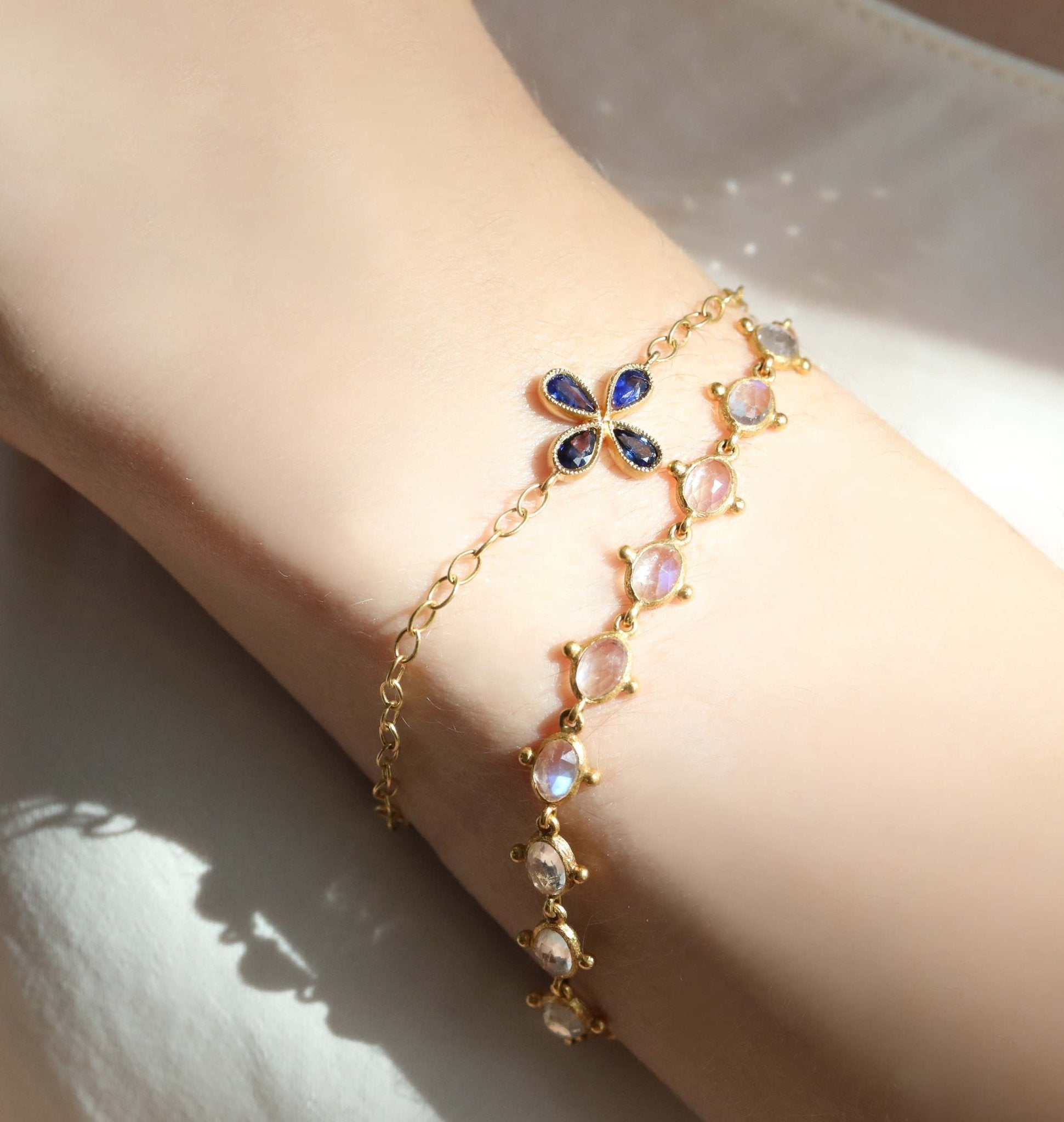 22K Gold Bezel-Set Faceted Rainbow Moonstone Bracelet