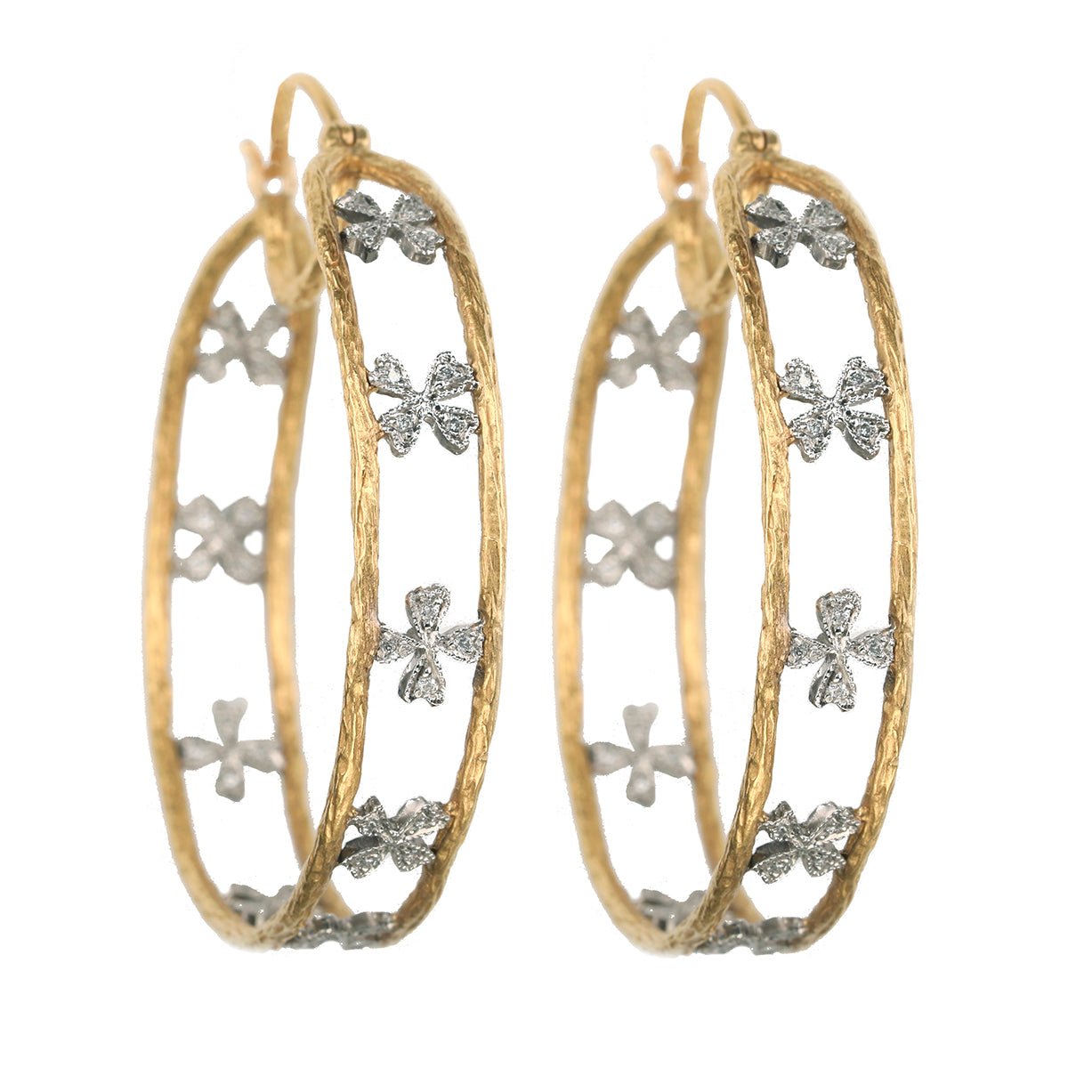 Cathy Waterman 22K Gold "Branch" Hoops with Platinum & Diamond "Wildflowers"