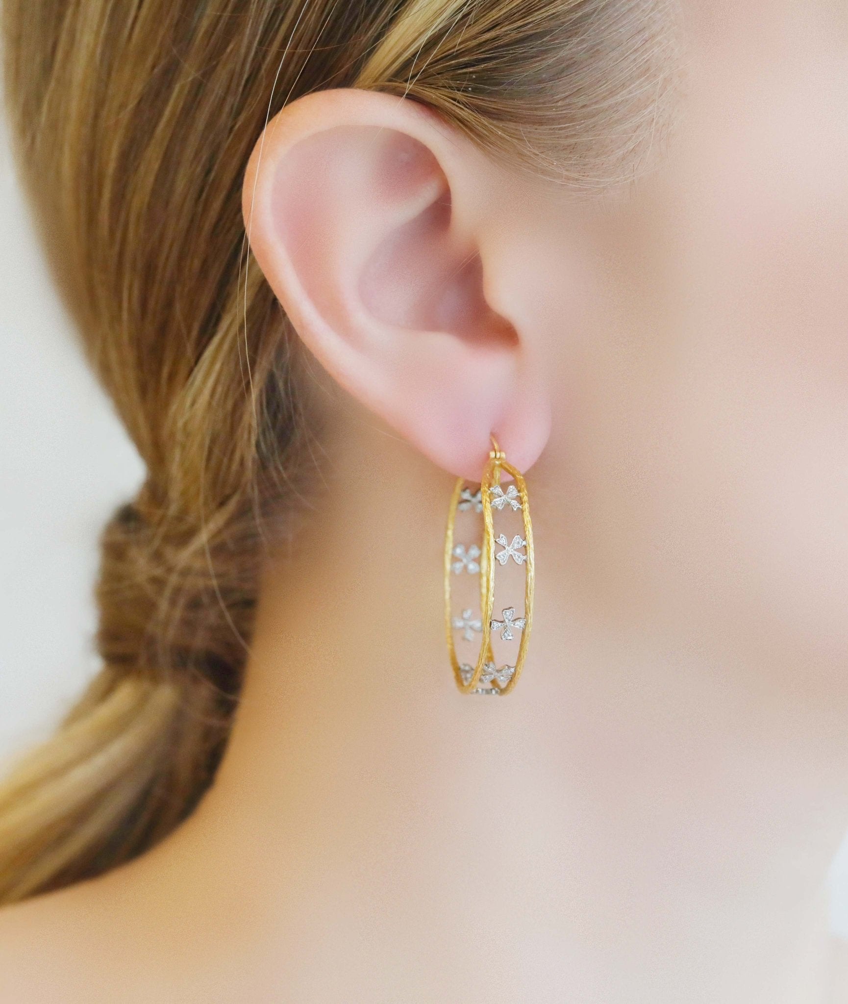 Cathy Waterman 22K Gold "Branch" Hoops with Platinum & Diamond "Wildflowers"