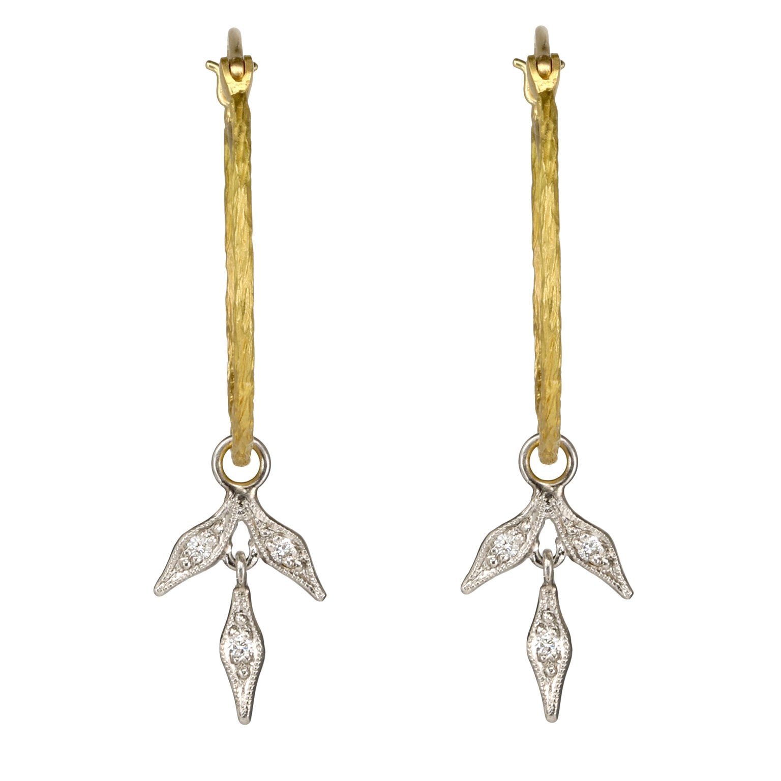 22K Gold Branched Hoop Earrings with Platinum & Diamond Leaves