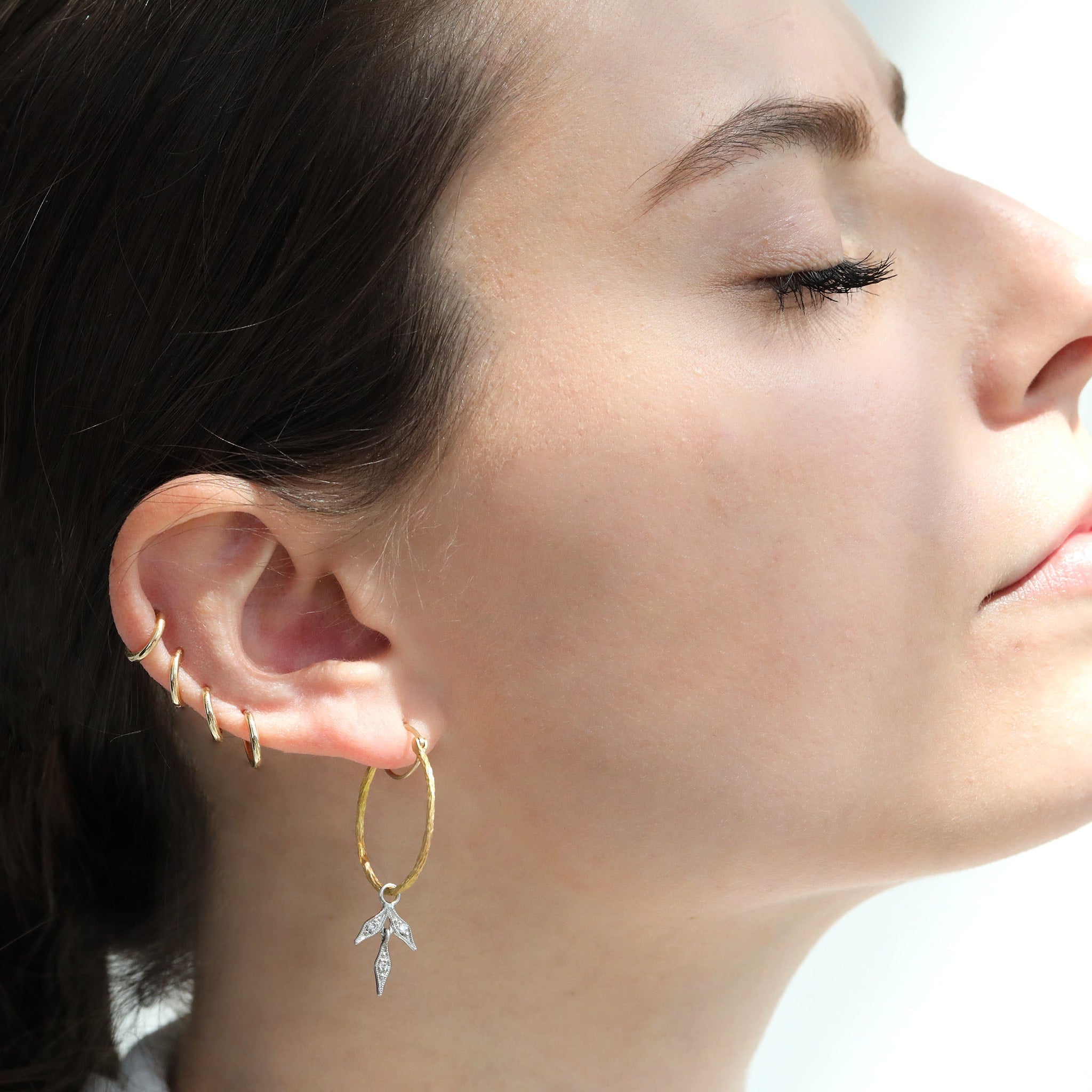22K Gold Branched Hoop Earrings with Platinum & Diamond Leaves