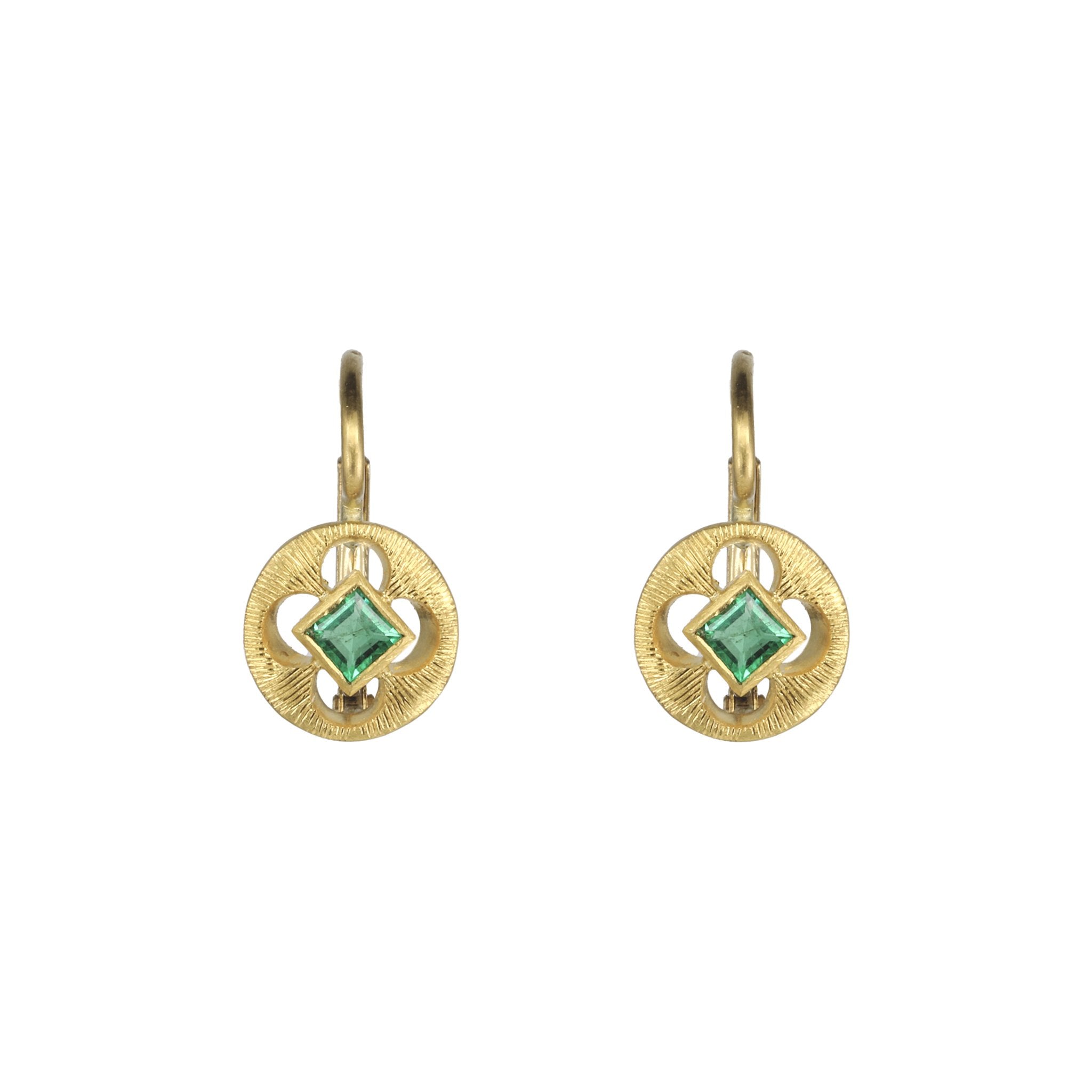 22K Gold Circular Etched Emerald Earrings