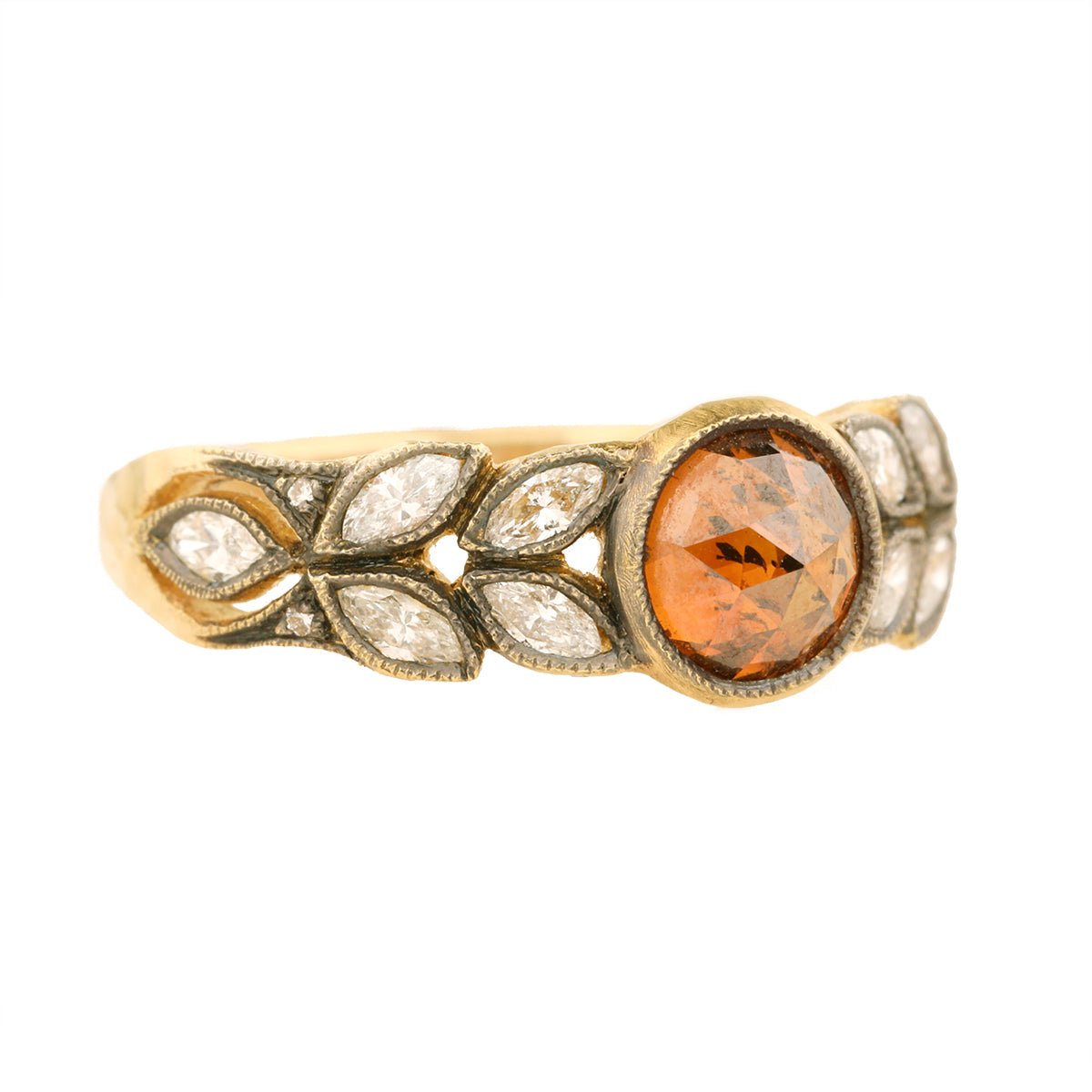 Cathy Waterman 22K Gold Cognac Diamond "Small Garland" Ring with White Diamond Leaves