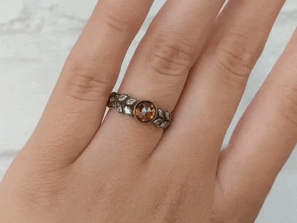 22K Gold Cognac Diamond "Small Garland" Ring with White Diamond Leaves