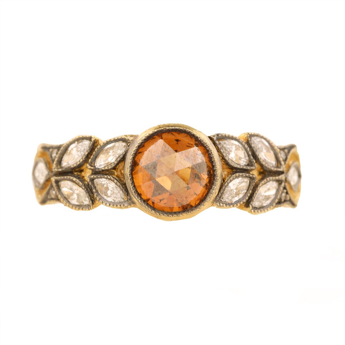 Cathy Waterman 22K Gold Cognac Diamond "Small Garland" Ring with White Diamond Leaves