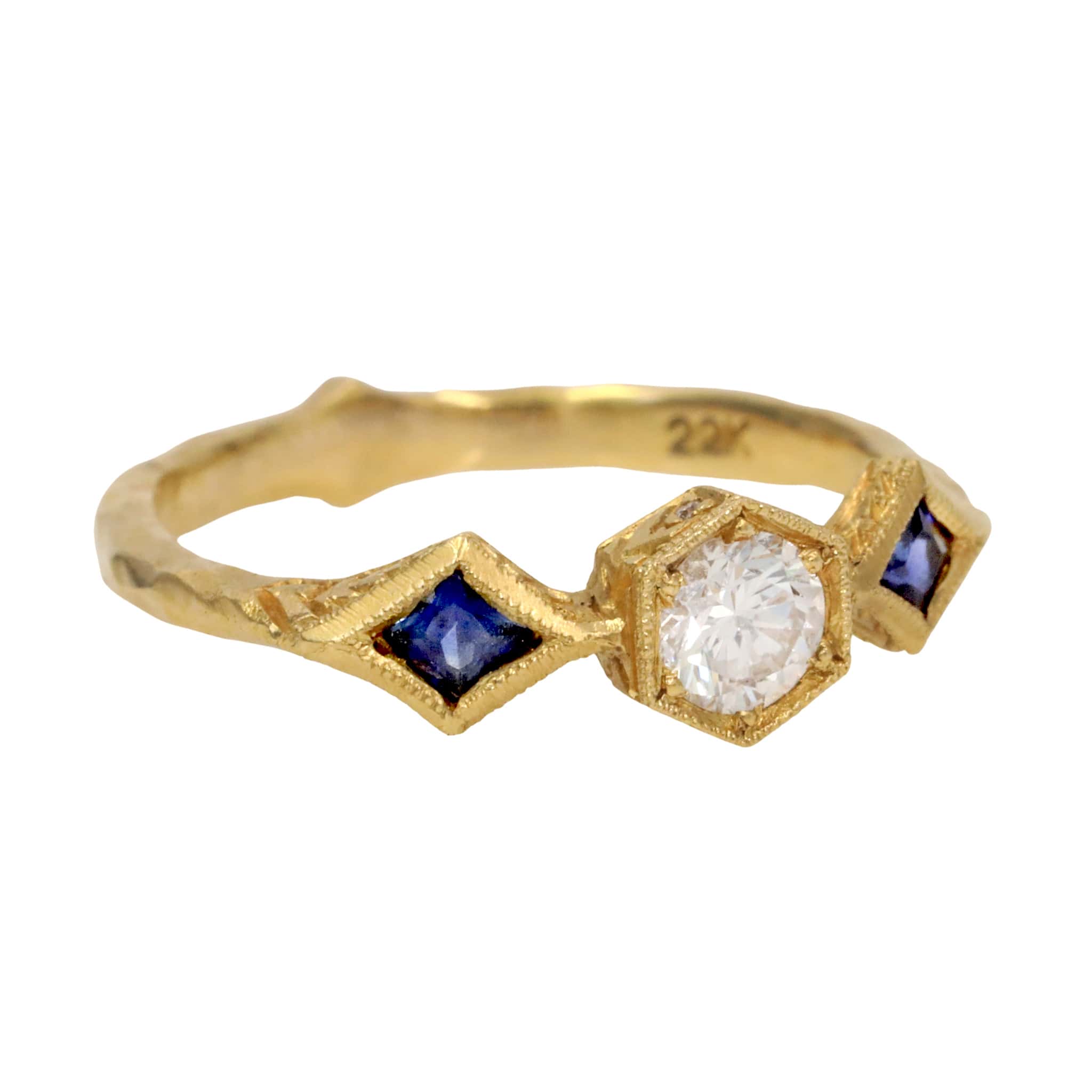 Cathy Waterman 22K Gold Diamond Ring with Blue Sapphires