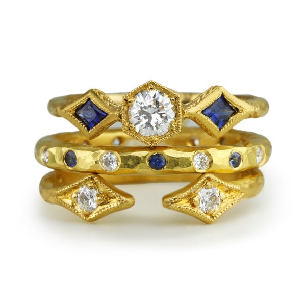 Cathy Waterman 22K Gold Diamond Ring with Blue Sapphires