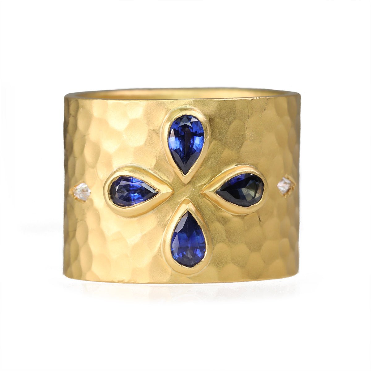Cathy Waterman 22K Gold Hammered Blue Sapphire and Diamond "Cigar" Ring