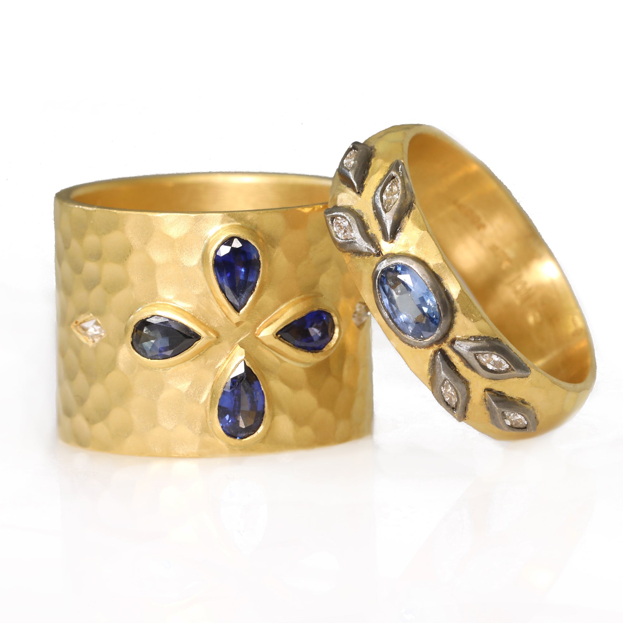 22K Gold Hammered Blue Sapphire and Diamond "Cigar" Ring