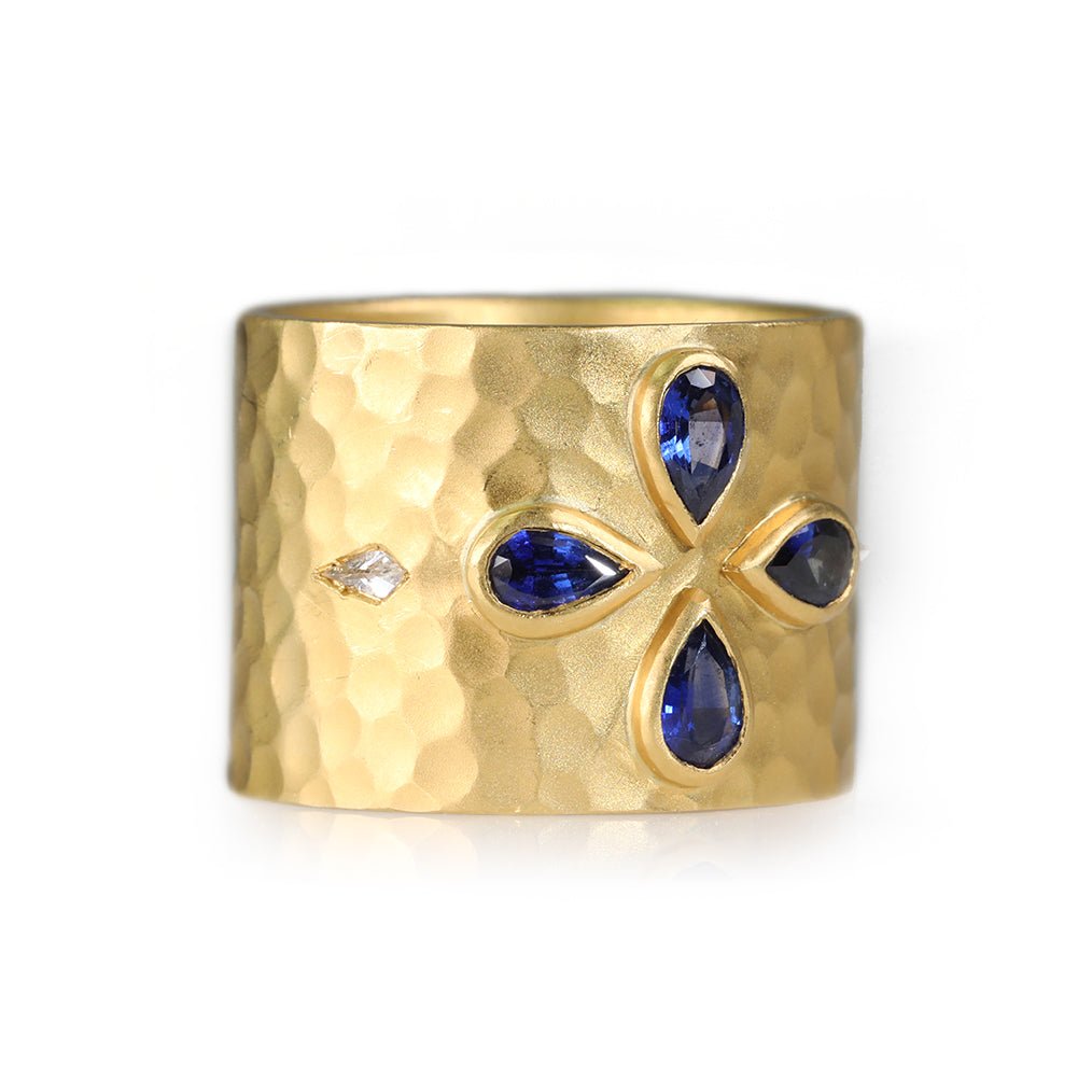 Cathy Waterman 22K Gold Hammered Blue Sapphire and Diamond "Cigar" Ring