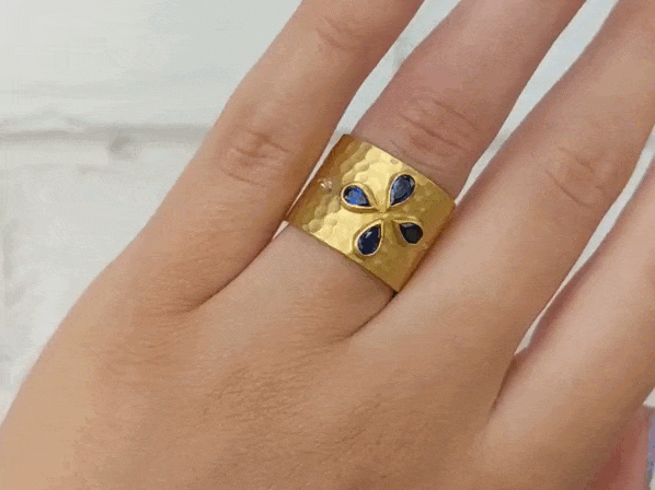 Cathy Waterman 22K Gold Hammered Blue Sapphire and Diamond "Cigar" Ring