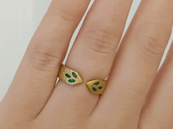 22K Gold Hammered Open Ring with Marquise Emerald "Leaf" Details