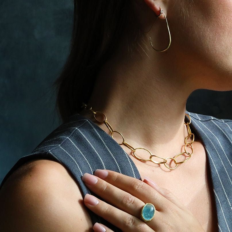 22K Gold Handmade Graduated "Pebble Link" Necklace - Peridot Fine Jewelry - Rosanne Pugliese