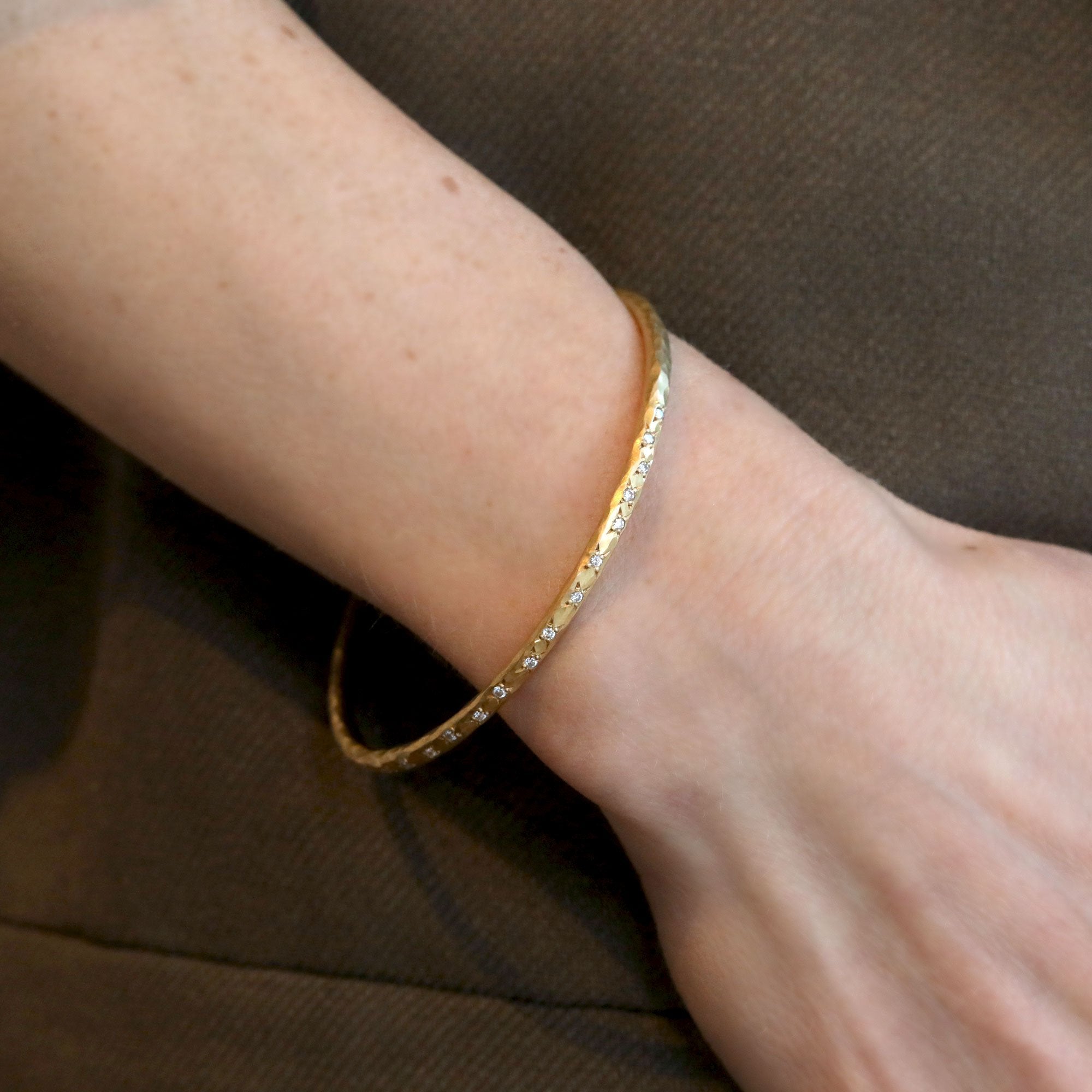 22K Gold Handmade Rounded Bangle with Twenty Brilliant Diamonds