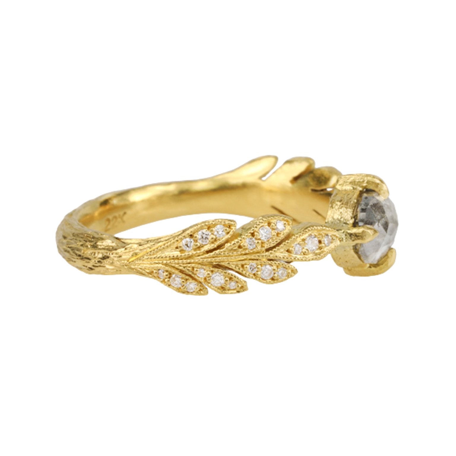 22K Gold "Leafside" Ring with Grey Rosecut Diamond Center