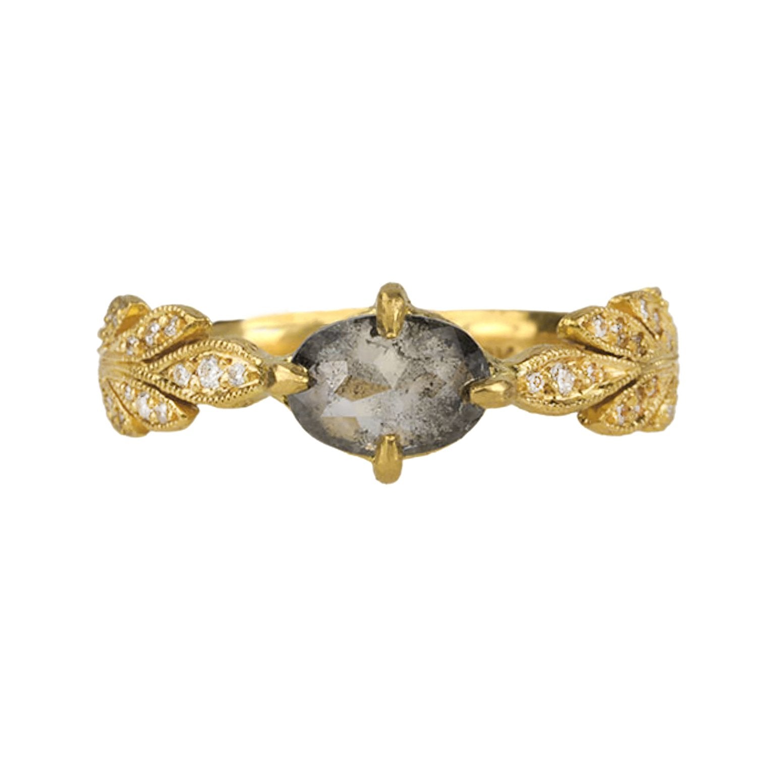 22K Gold "Leafside" Ring with Grey Rosecut Diamond Center