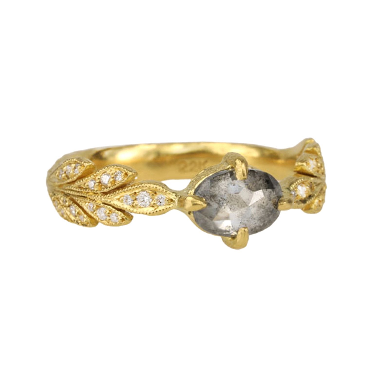 22K Gold "Leafside" Ring with Grey Rosecut Diamond Center