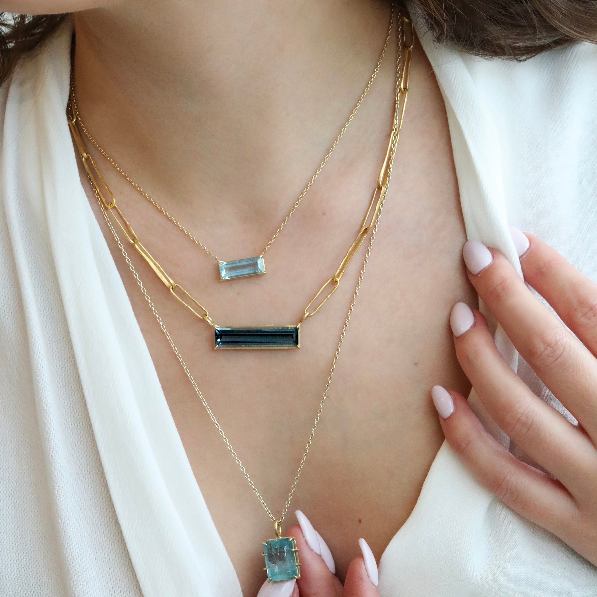 22K Gold London Blue Topaz Bar Pendant Necklace on Box Chain - Peridot Fine Jewelry - Rosanne Pugliese