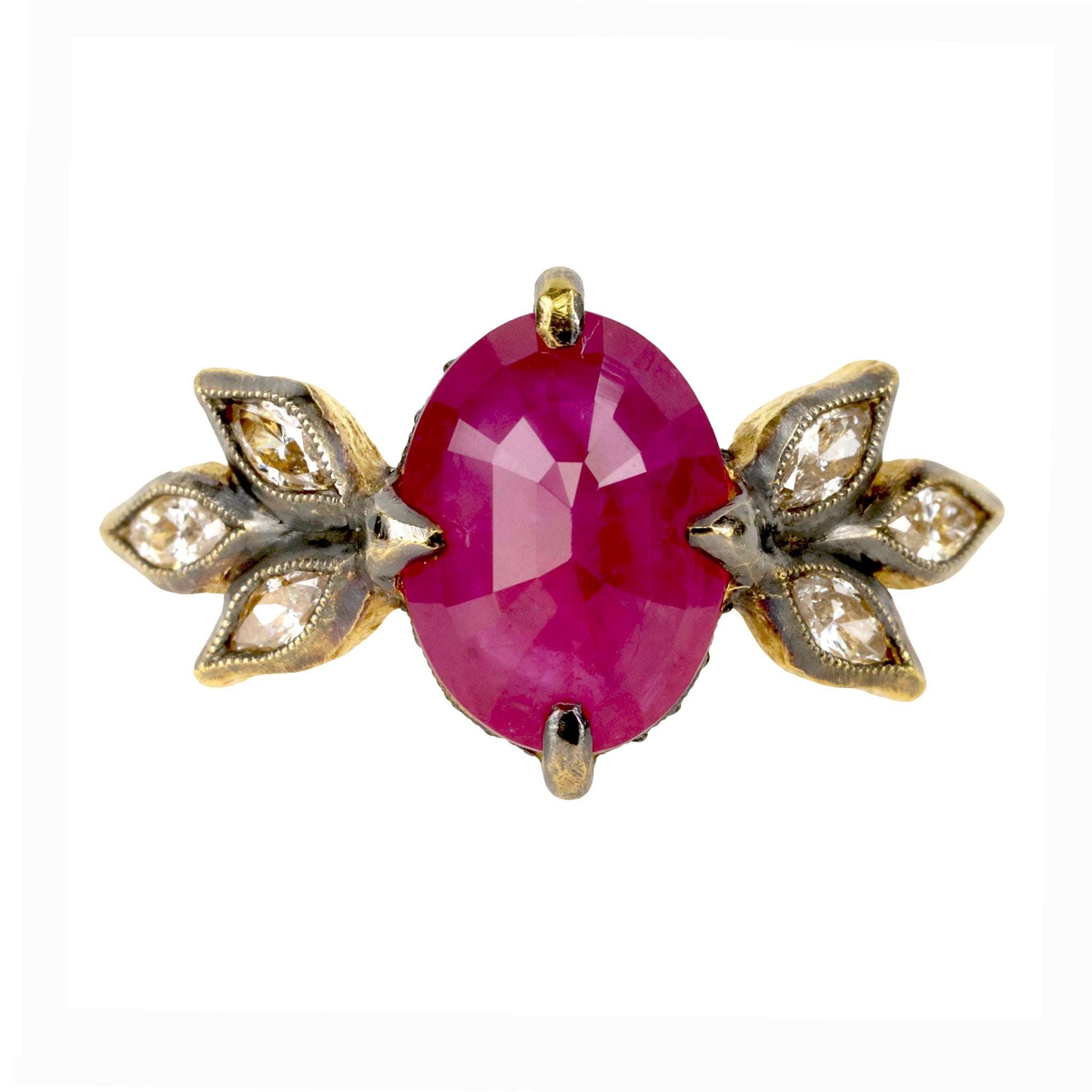 Cathy Waterman 22k Gold Mozambique Ruby with Diamond Leaves and "Pave Seat"