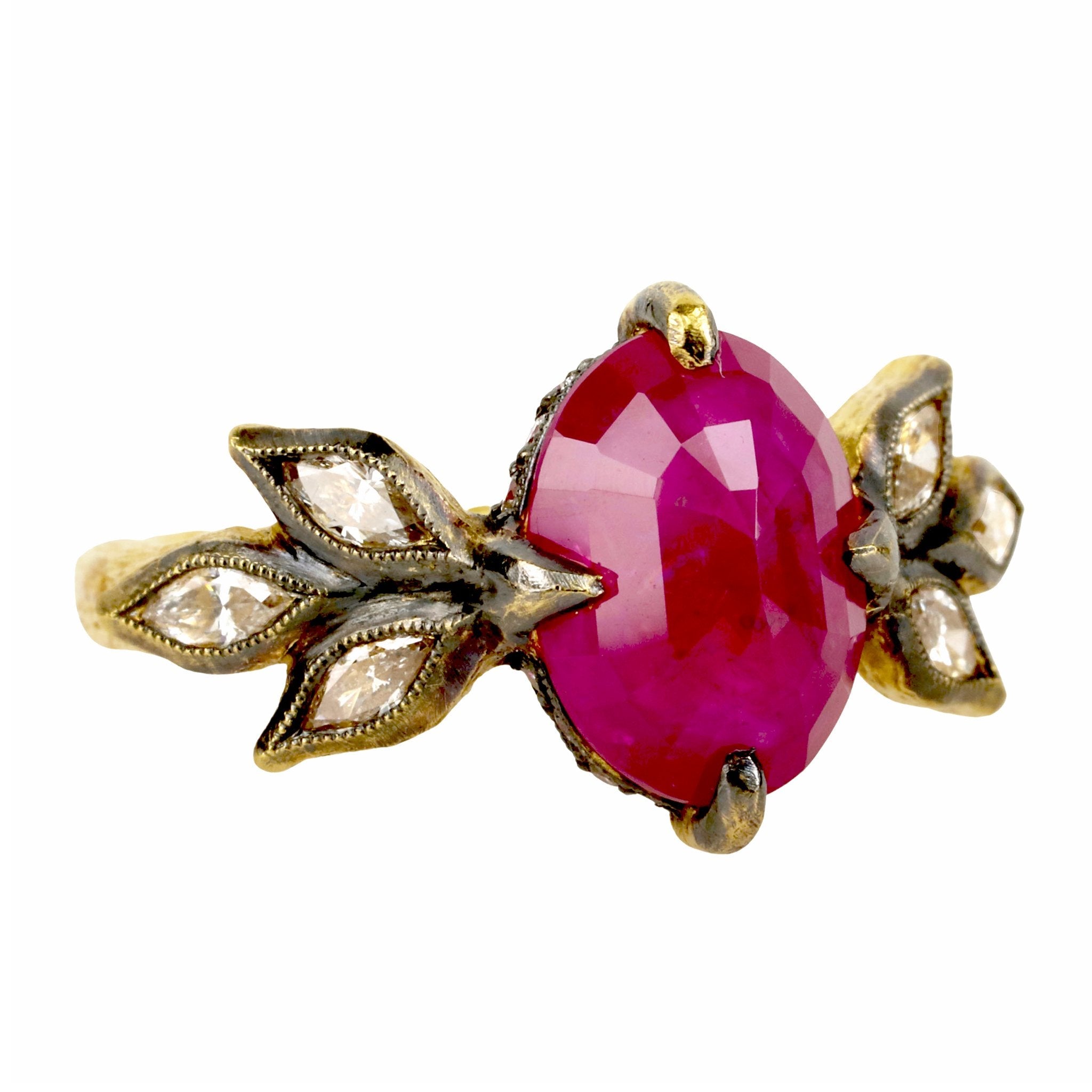 Cathy Waterman 22k Gold Mozambique Ruby with Diamond Leaves and "Pave Seat"
