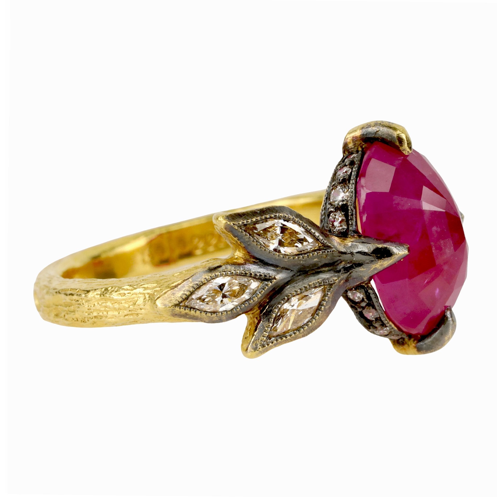 Cathy Waterman 22k Gold Mozambique Ruby with Diamond Leaves and "Pave Seat"