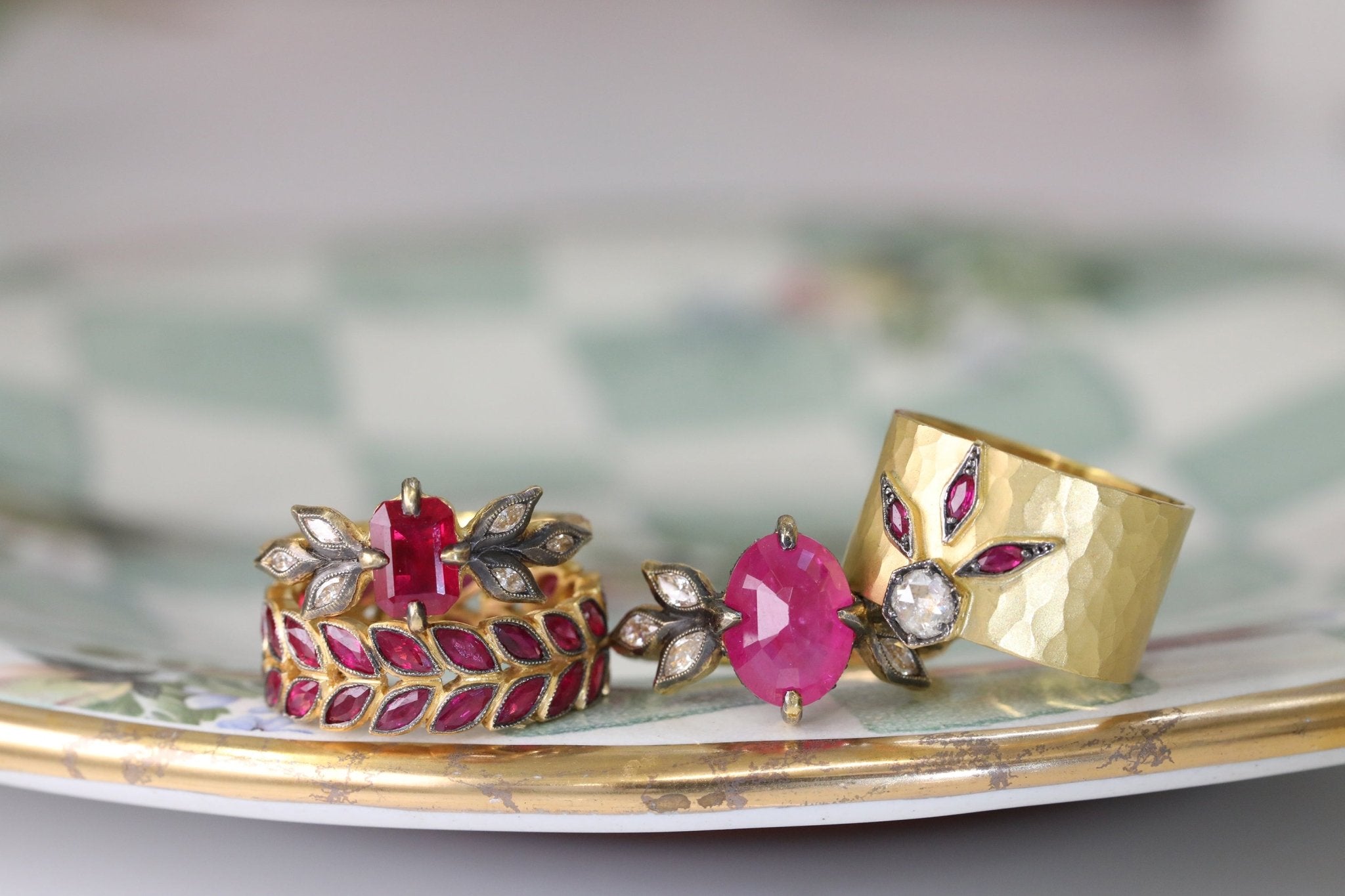 Cathy Waterman 22k Gold Mozambique Ruby with Diamond Leaves and "Pave Seat"