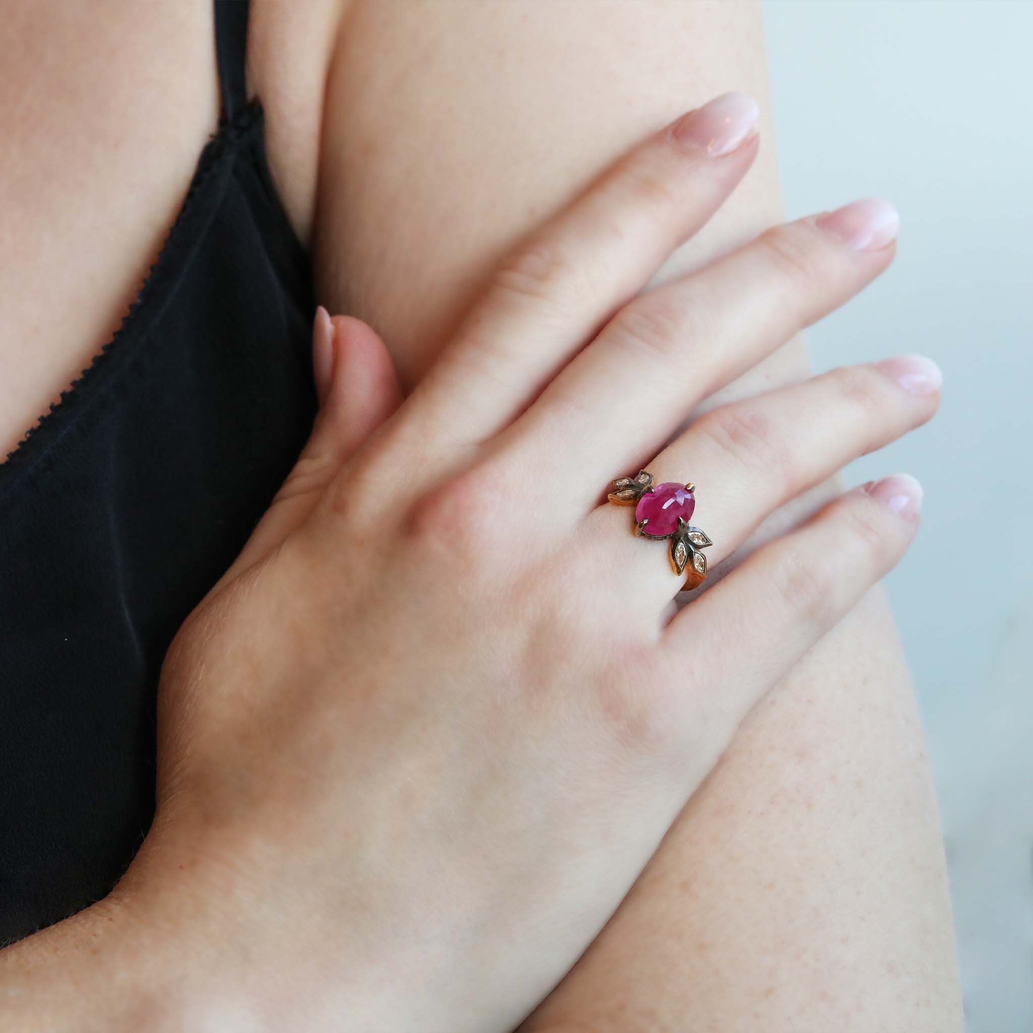 Cathy Waterman 22k Gold Mozambique Ruby with Diamond Leaves and "Pave Seat"