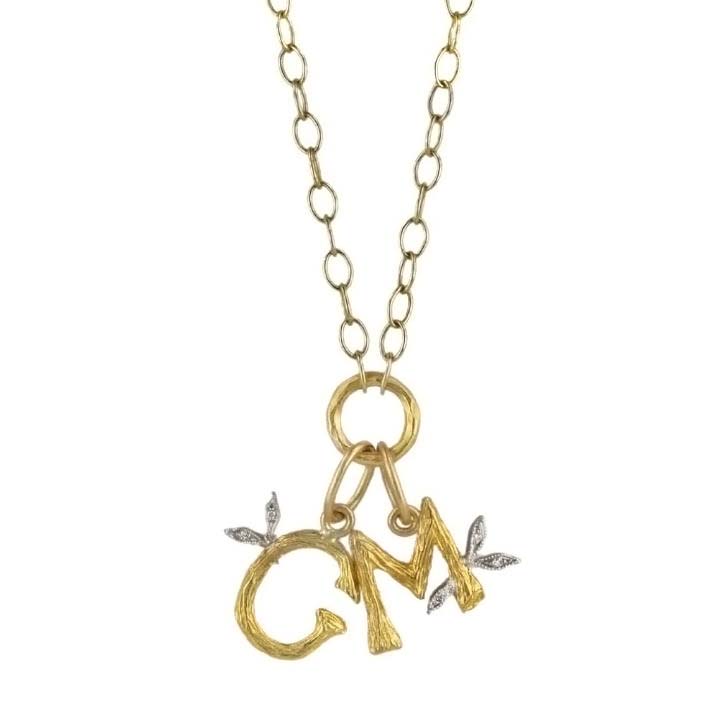 Cathy Waterman 22K Gold Necklace with "Jeweled Branch" Initials G & M
