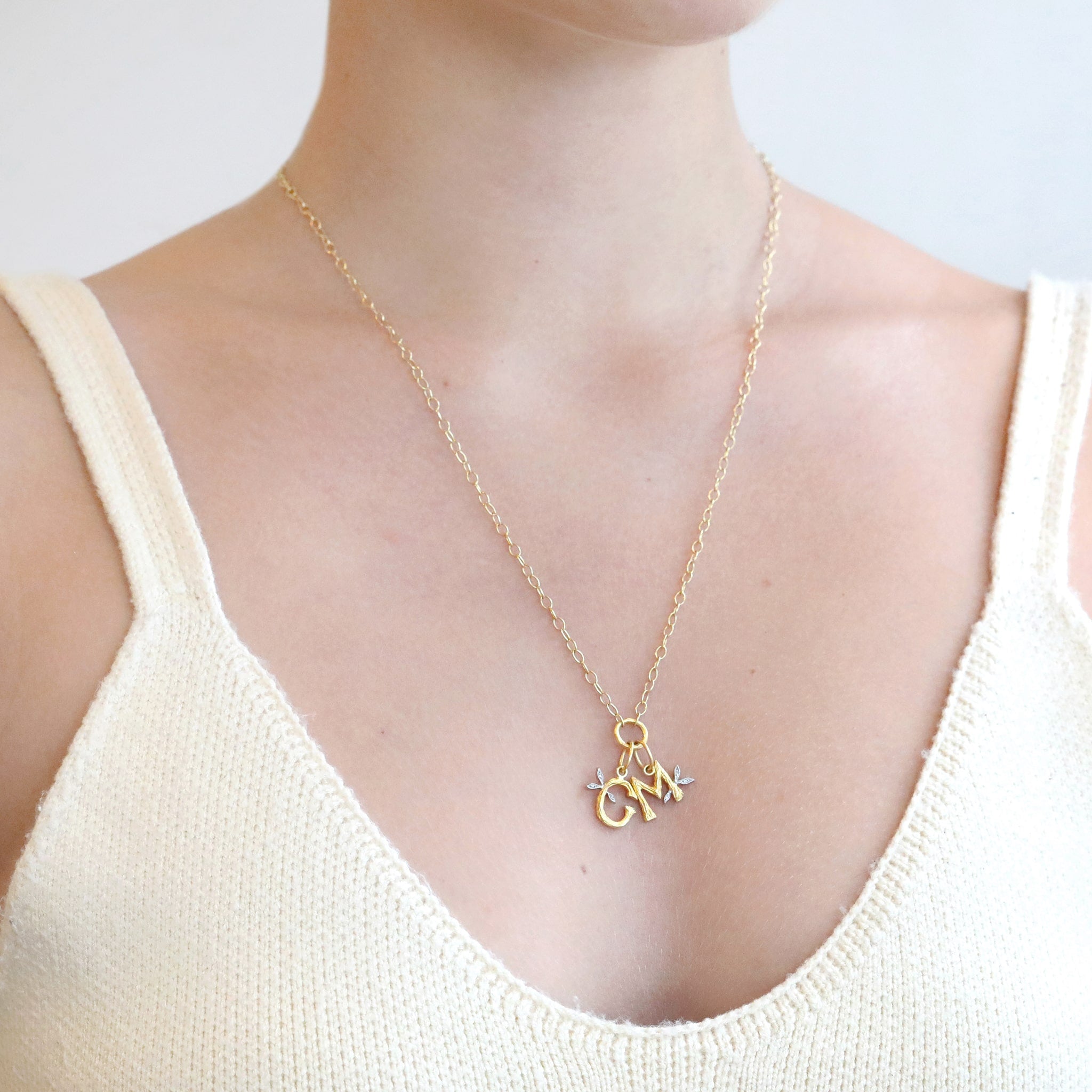 Cathy Waterman 22K Gold Necklace with "Jeweled Branch" Initials G & M