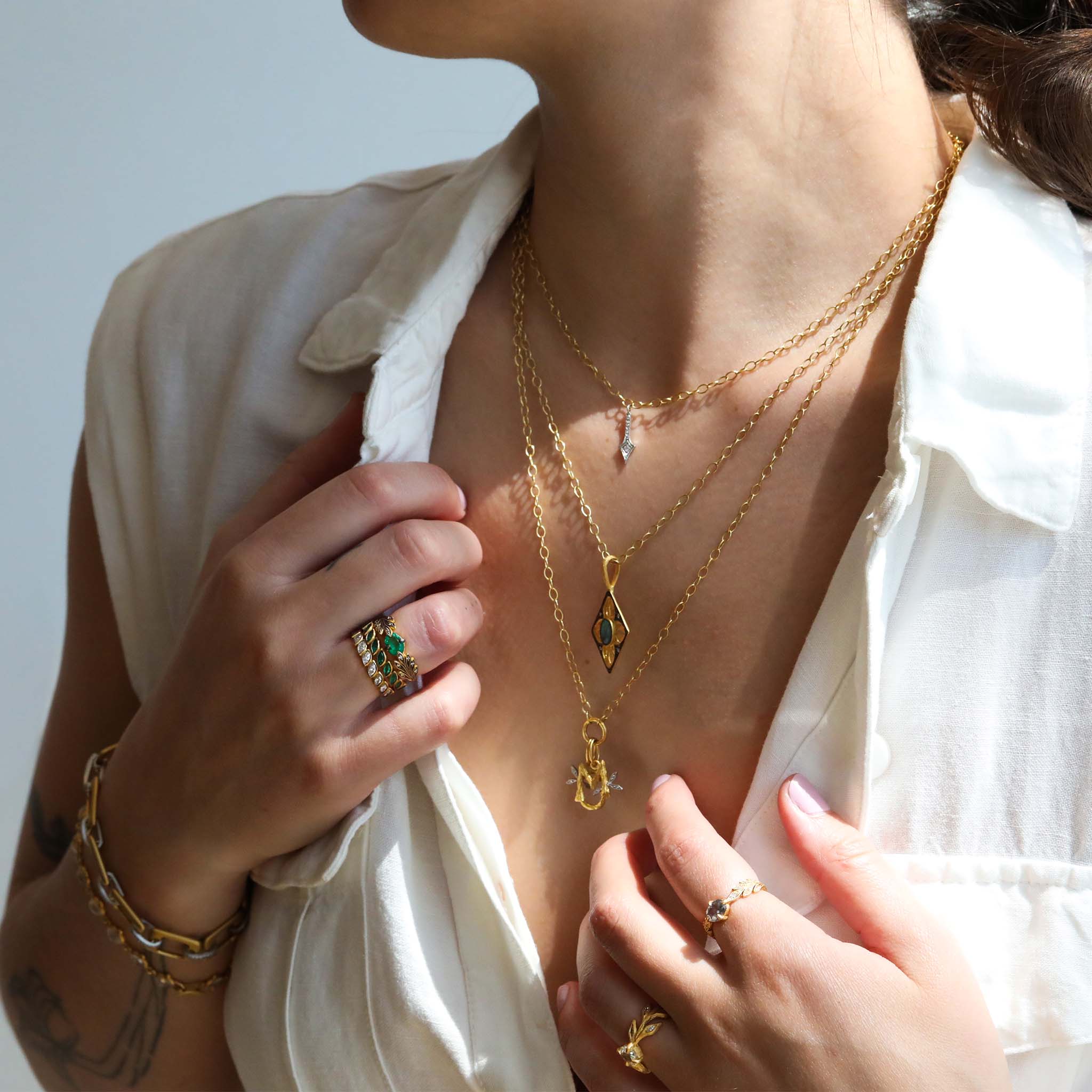 Cathy Waterman 22K Gold Necklace with "Jeweled Branch" Initials G & M