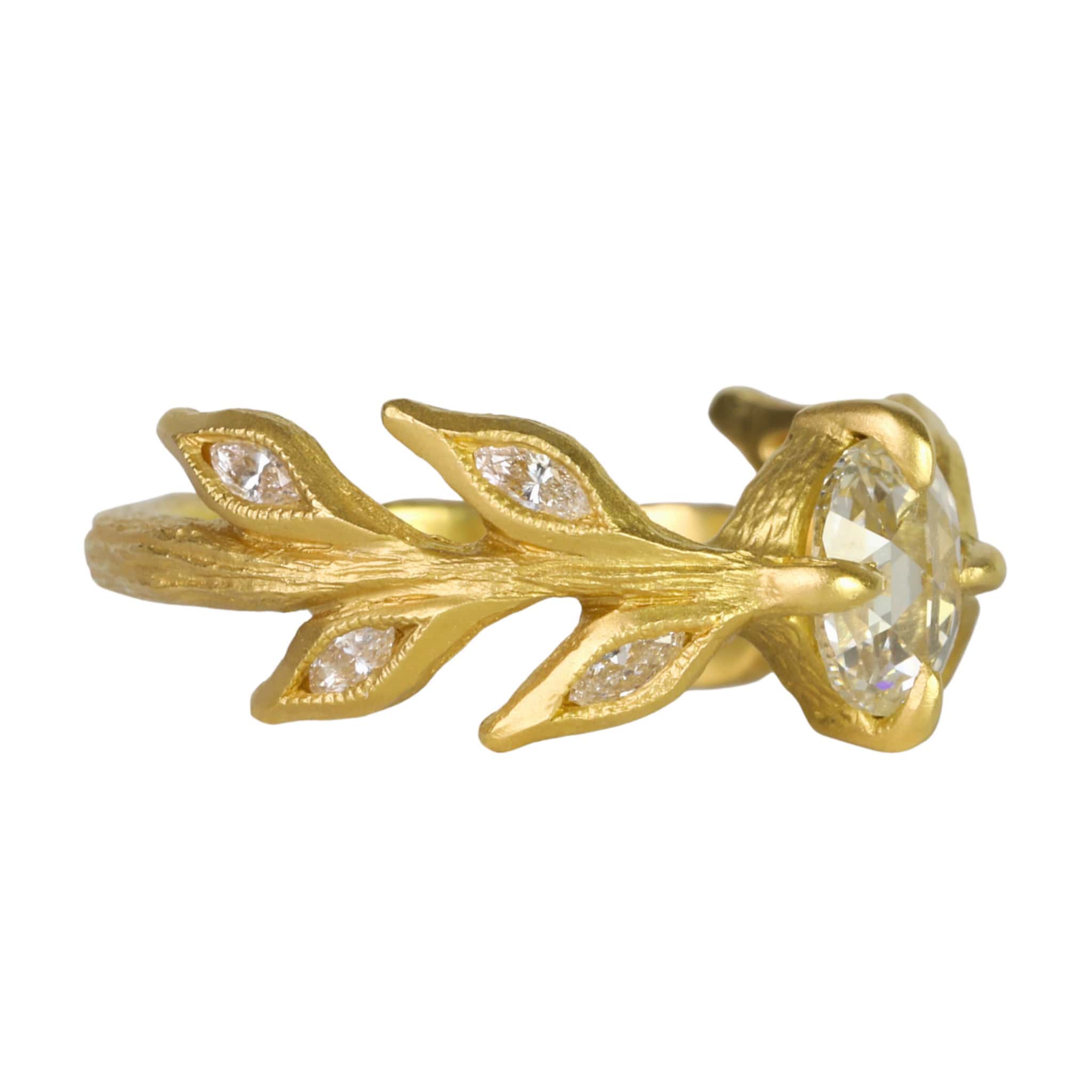 Cathy Waterman 22K Gold Rose Cut Diamond "Diana" Ring with Marquise Diamond Leaves