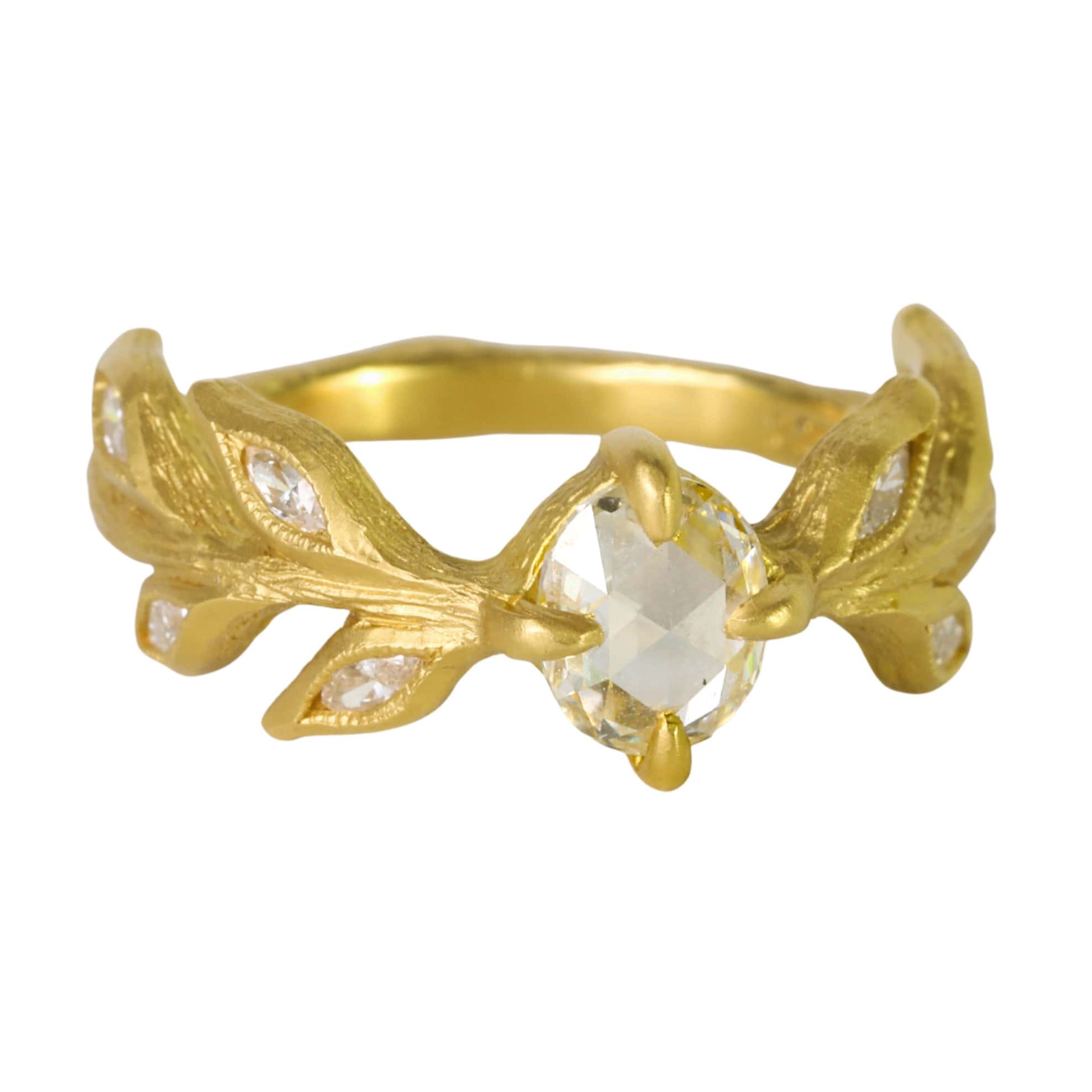 Cathy Waterman 22K Gold Rose Cut Diamond "Diana" Ring with Marquise Diamond Leaves