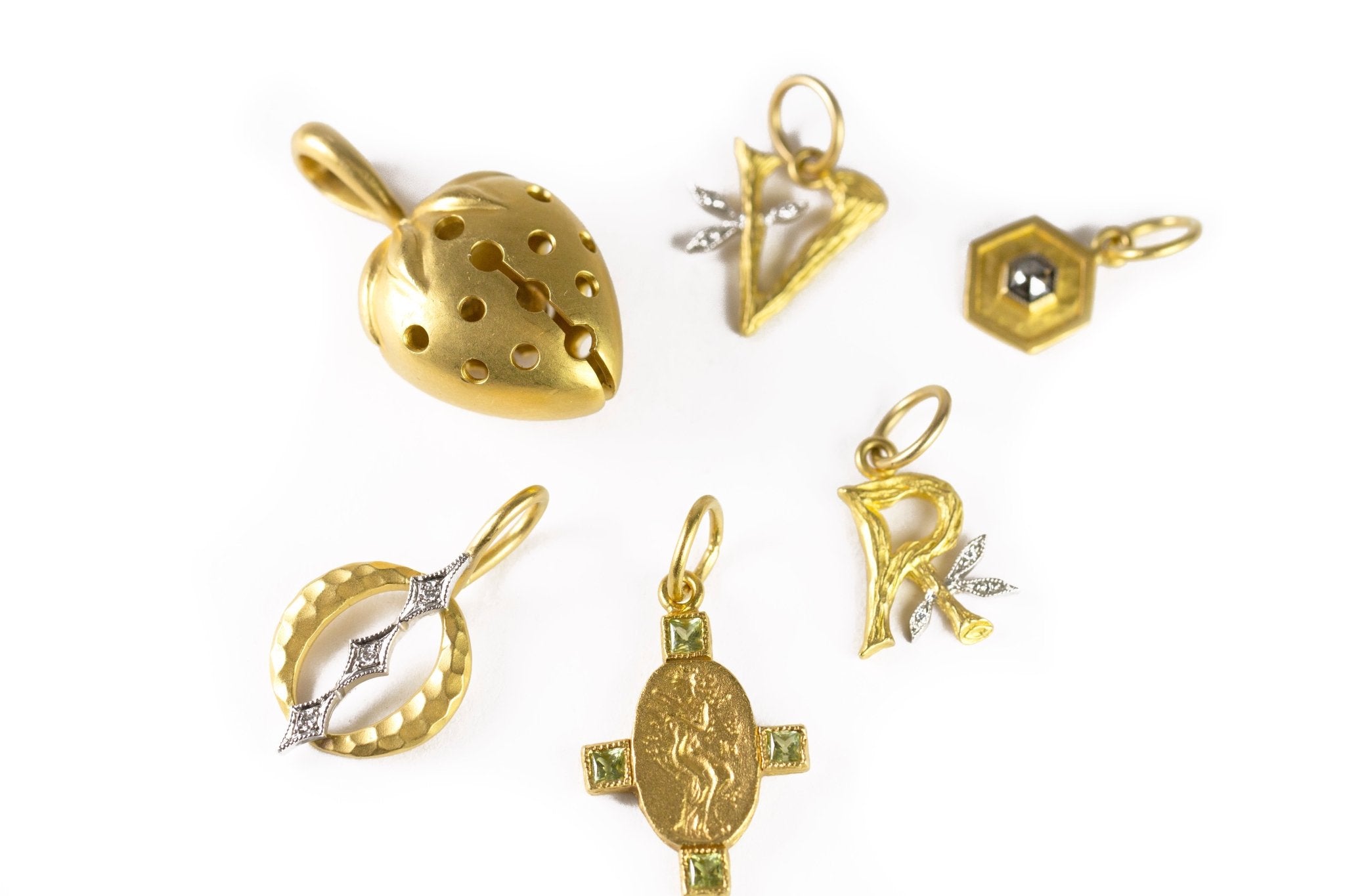 22K Gold Textured "R" Pendant With Platinum And Diamond Leaf Detail