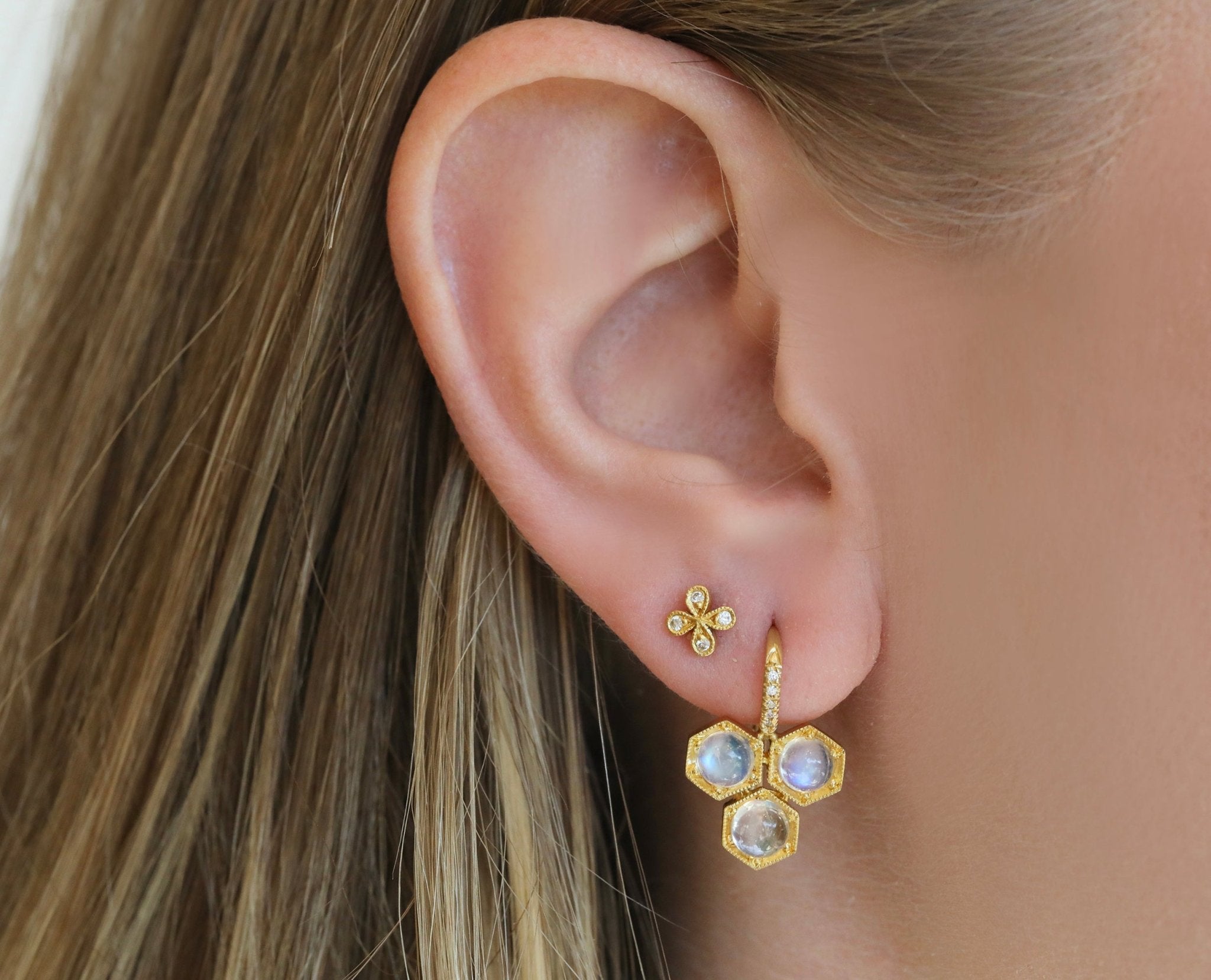 22K Gold Triple Hexagonal Rainbow Moonstone Earrings with Pave Diamond Details