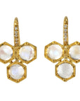 22K Gold Triple Hexagonal Rainbow Moonstone Earrings with Pave Diamond Details