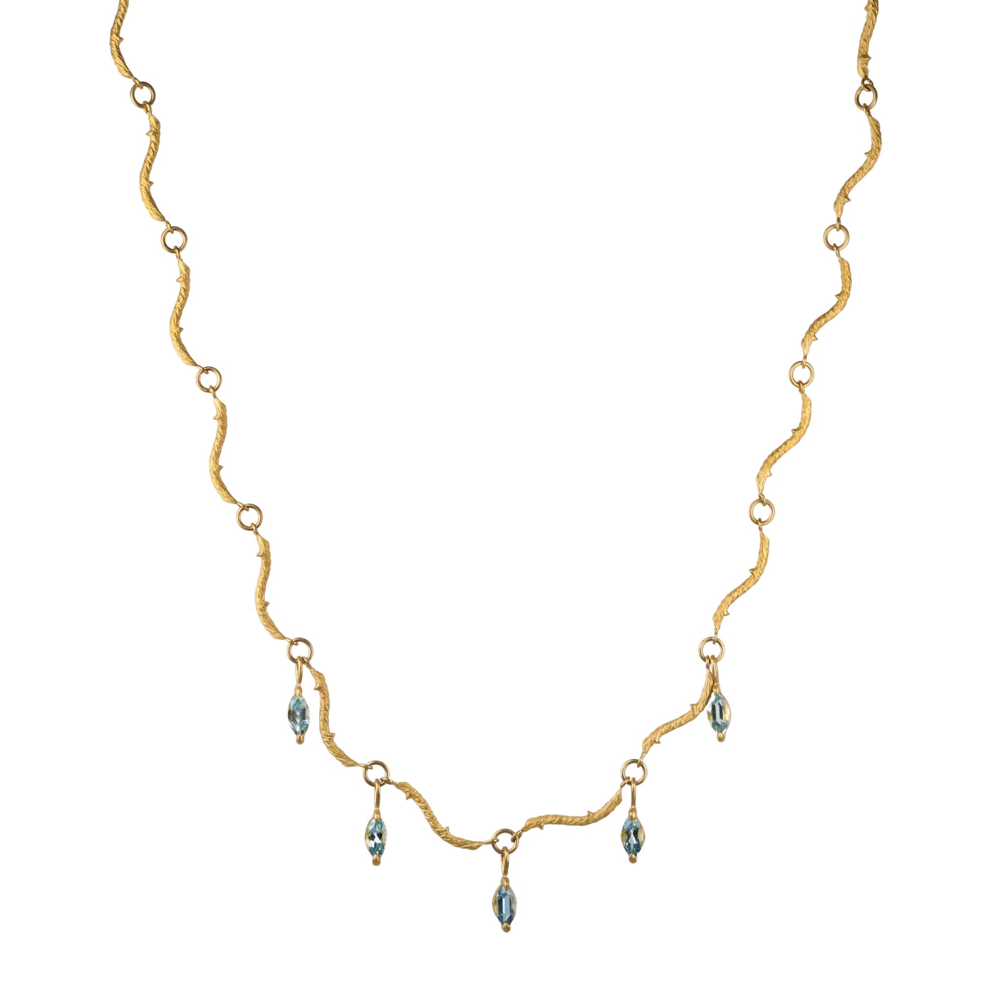 22K Gold "Twig" Chain Necklace with Aquamarine Marquise Drops - Peridot Fine Jewelry - Cathy Waterman