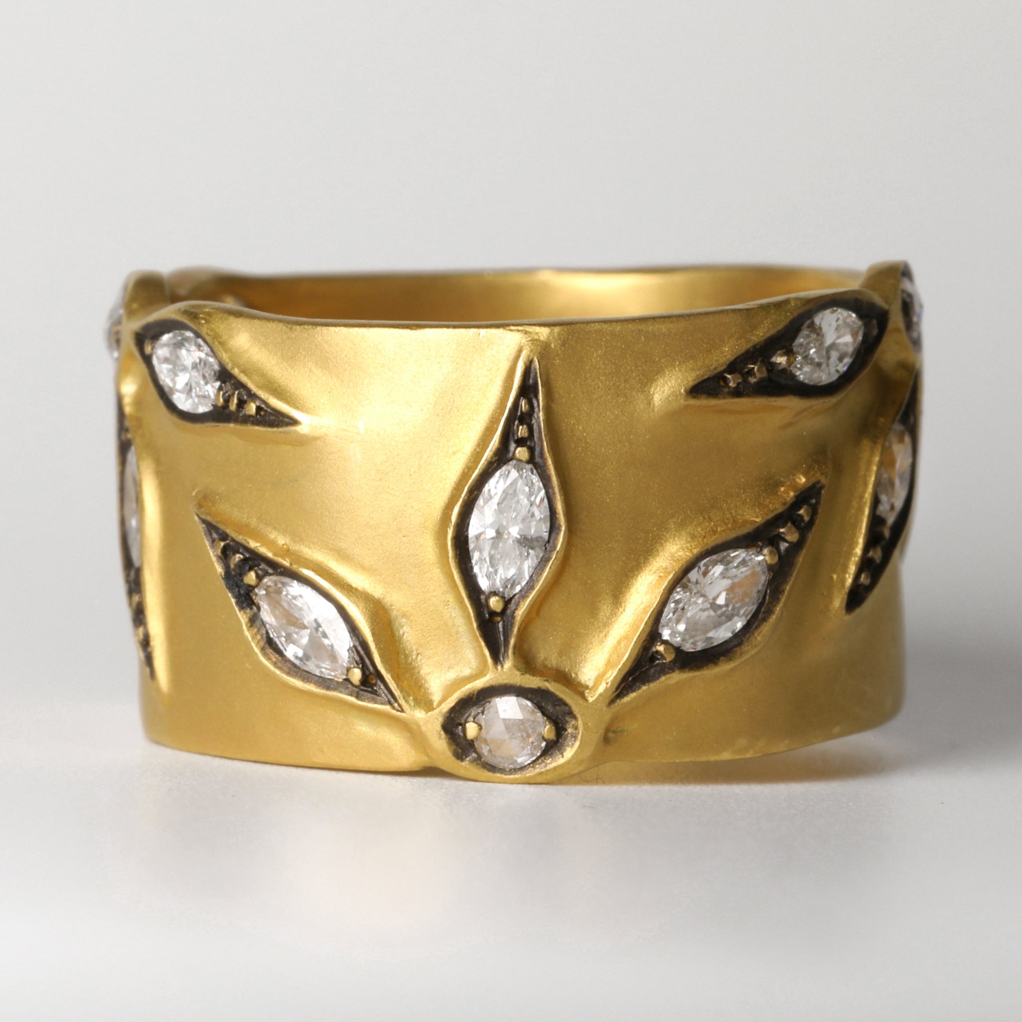 22K Gold Wide Band with Round and Marquise Diamond "Castle Wall Flower" Overlay - Peridot Fine Jewelry - Cathy Waterman