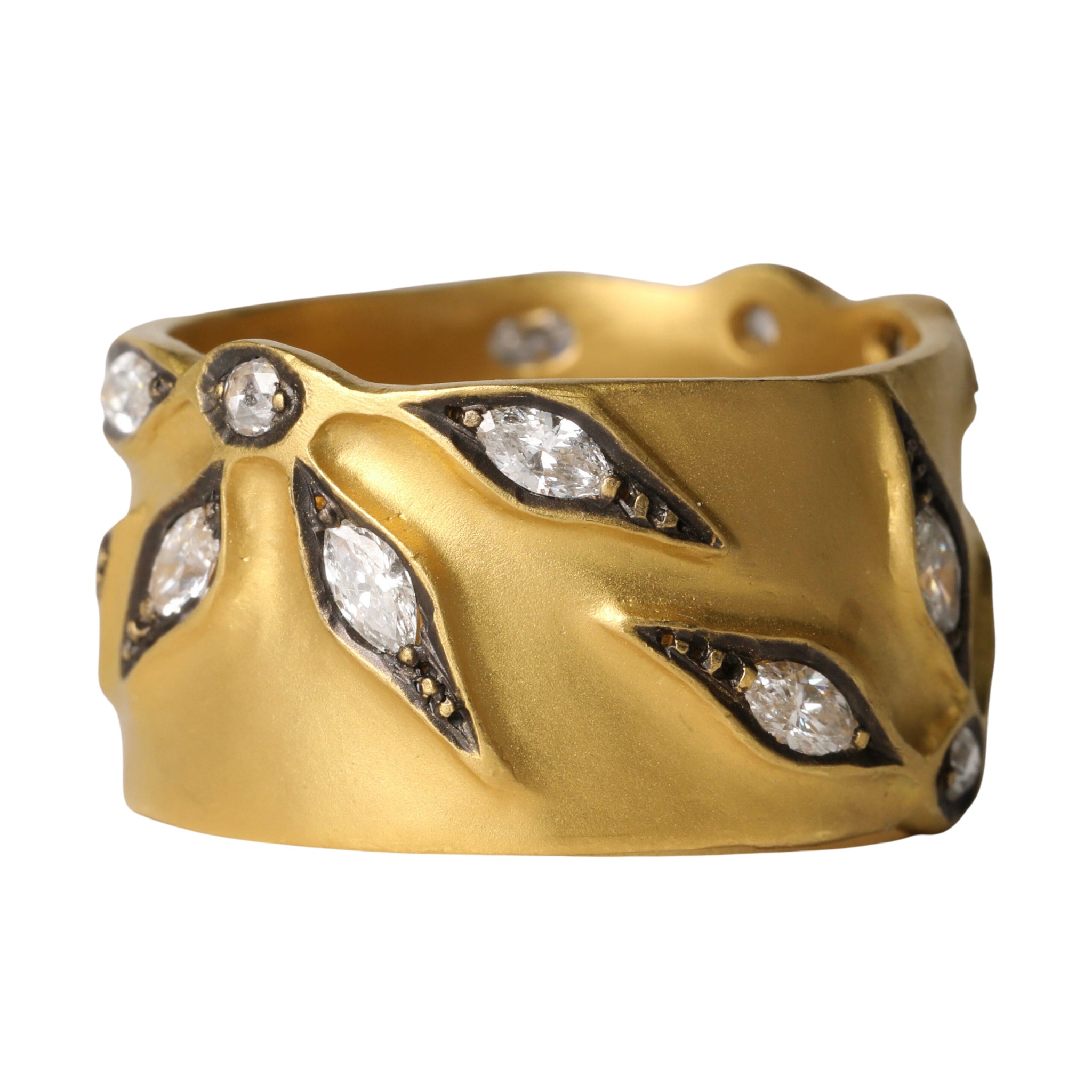 22K Gold Wide Band with Round and Marquise Diamond "Castle Wall Flower" Overlay - Peridot Fine Jewelry - Cathy Waterman