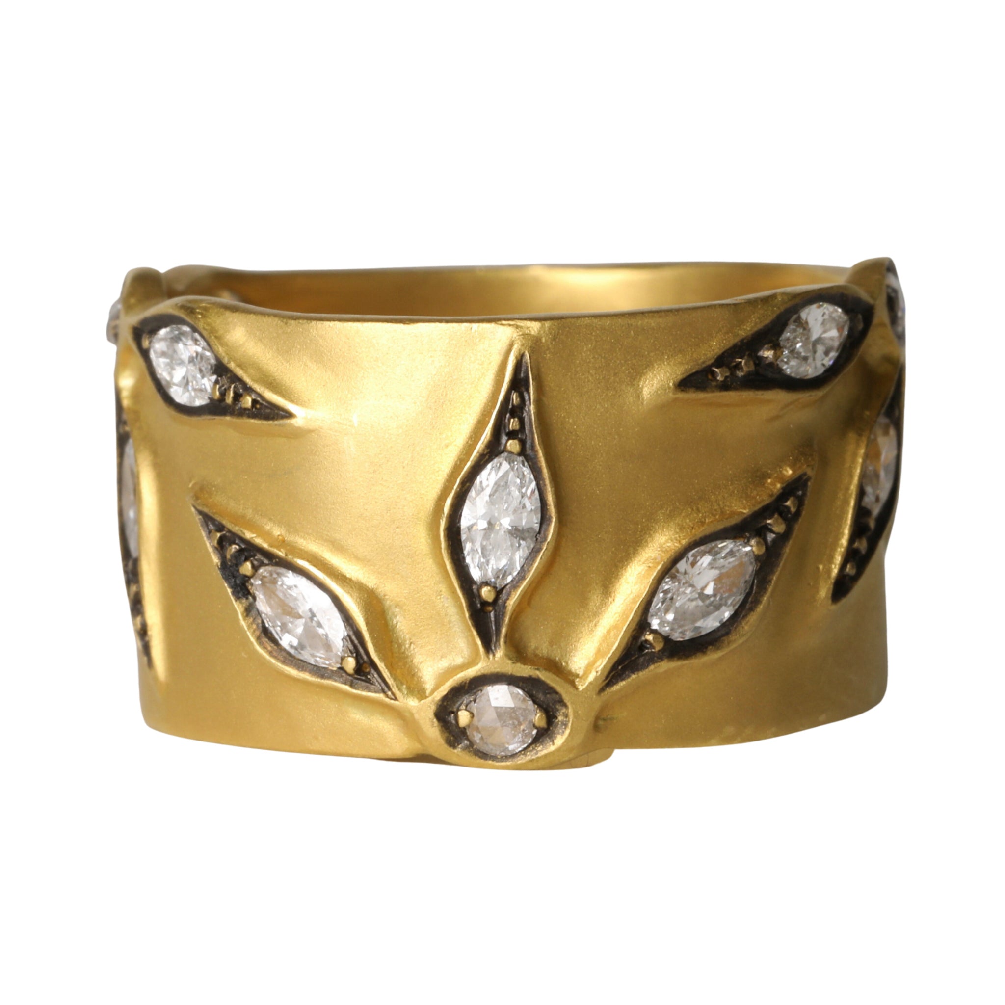 22K Gold Wide Band with Round and Marquise Diamond "Castle Wall Flower" Overlay - Peridot Fine Jewelry - Cathy Waterman