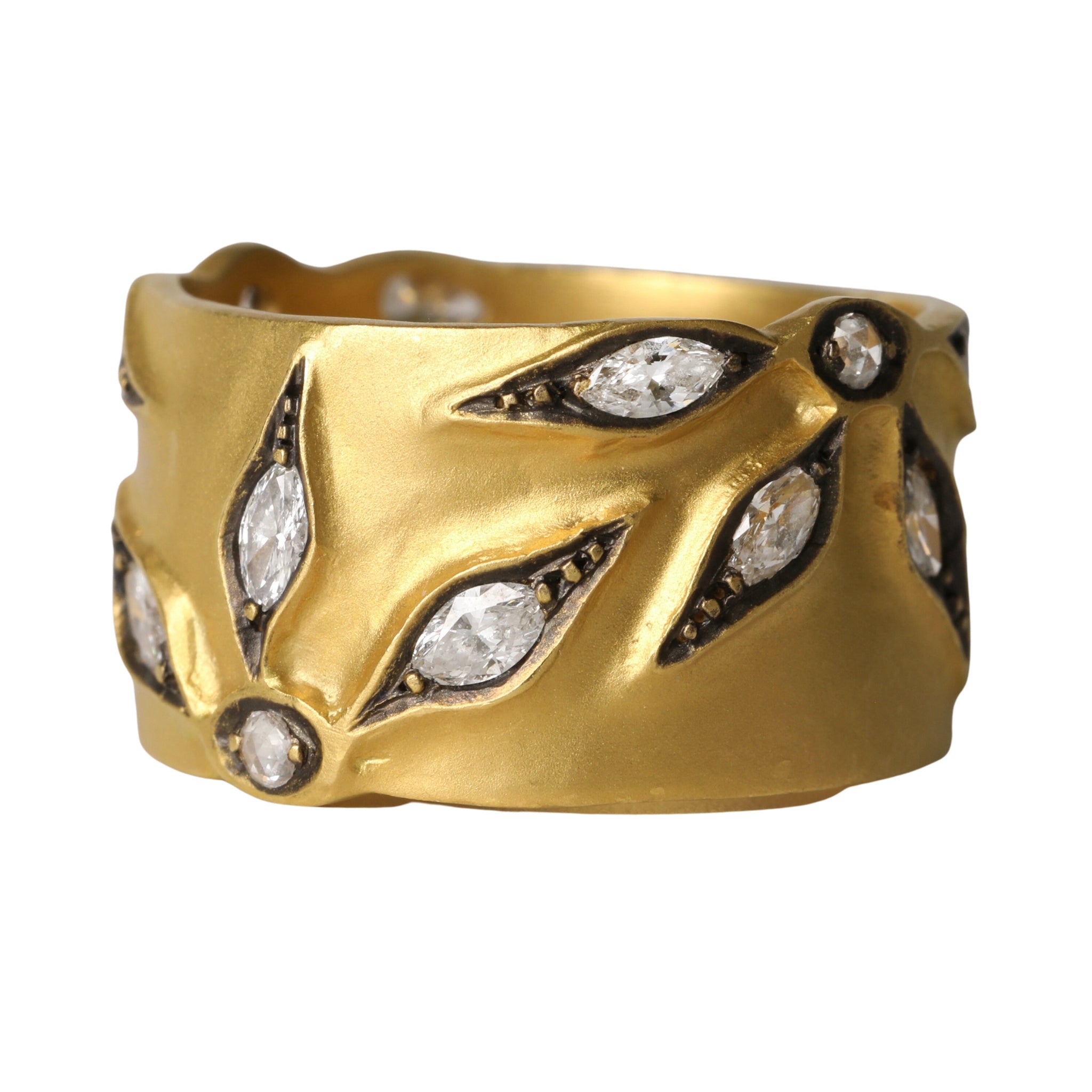 22K Gold Wide Band with Round and Marquise Diamond "Castle Wall Flower" Overlay - Peridot Fine Jewelry - Cathy Waterman