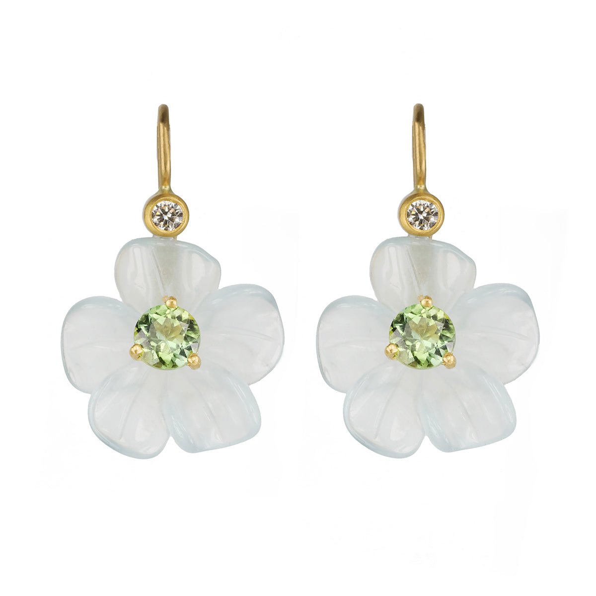 Cathy Waterman Carved Aquamarine Flower Earrings with Green Tourmaline Center
