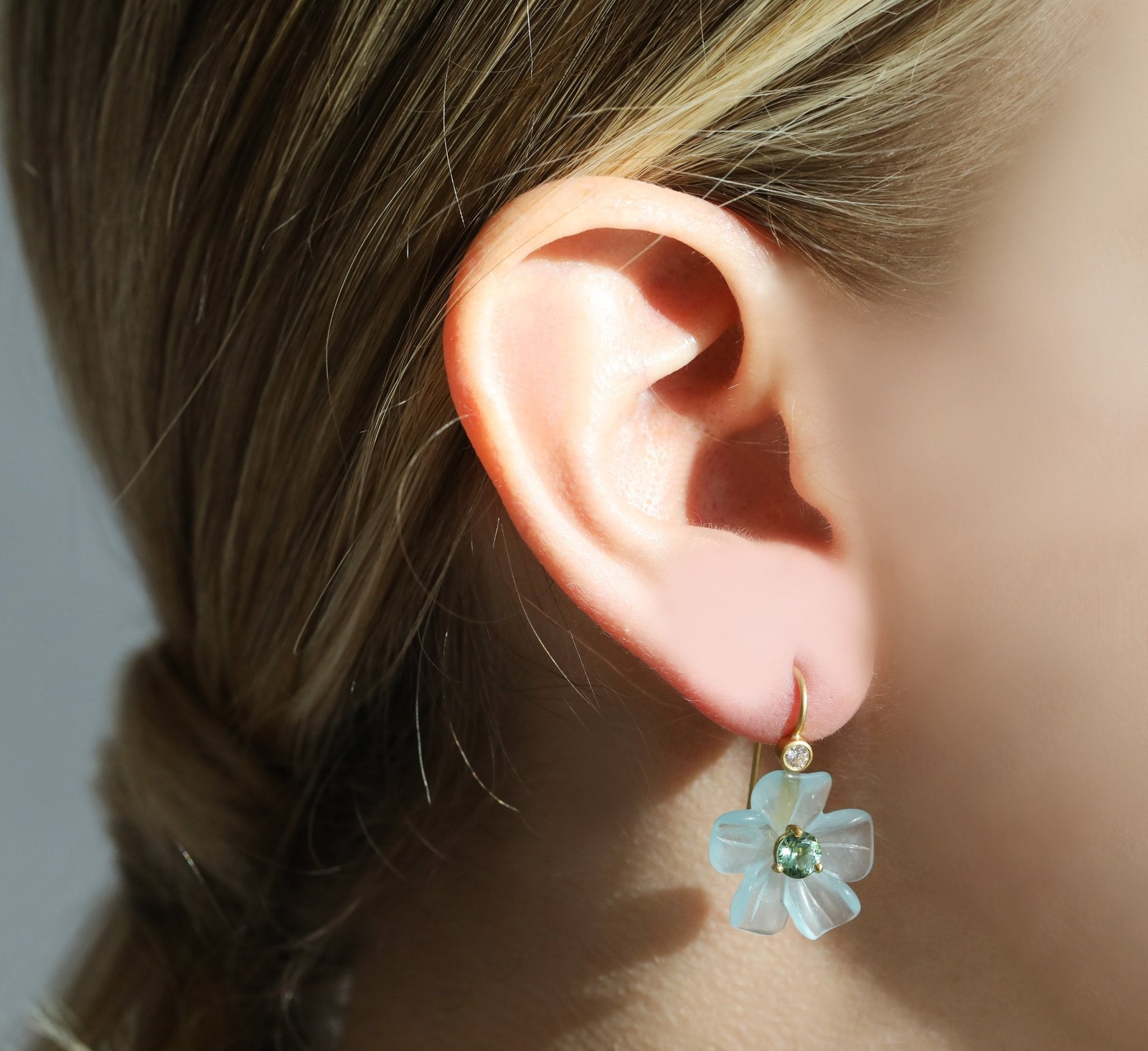 Cathy Waterman Carved Aquamarine Flower Earrings with Green Tourmaline Center