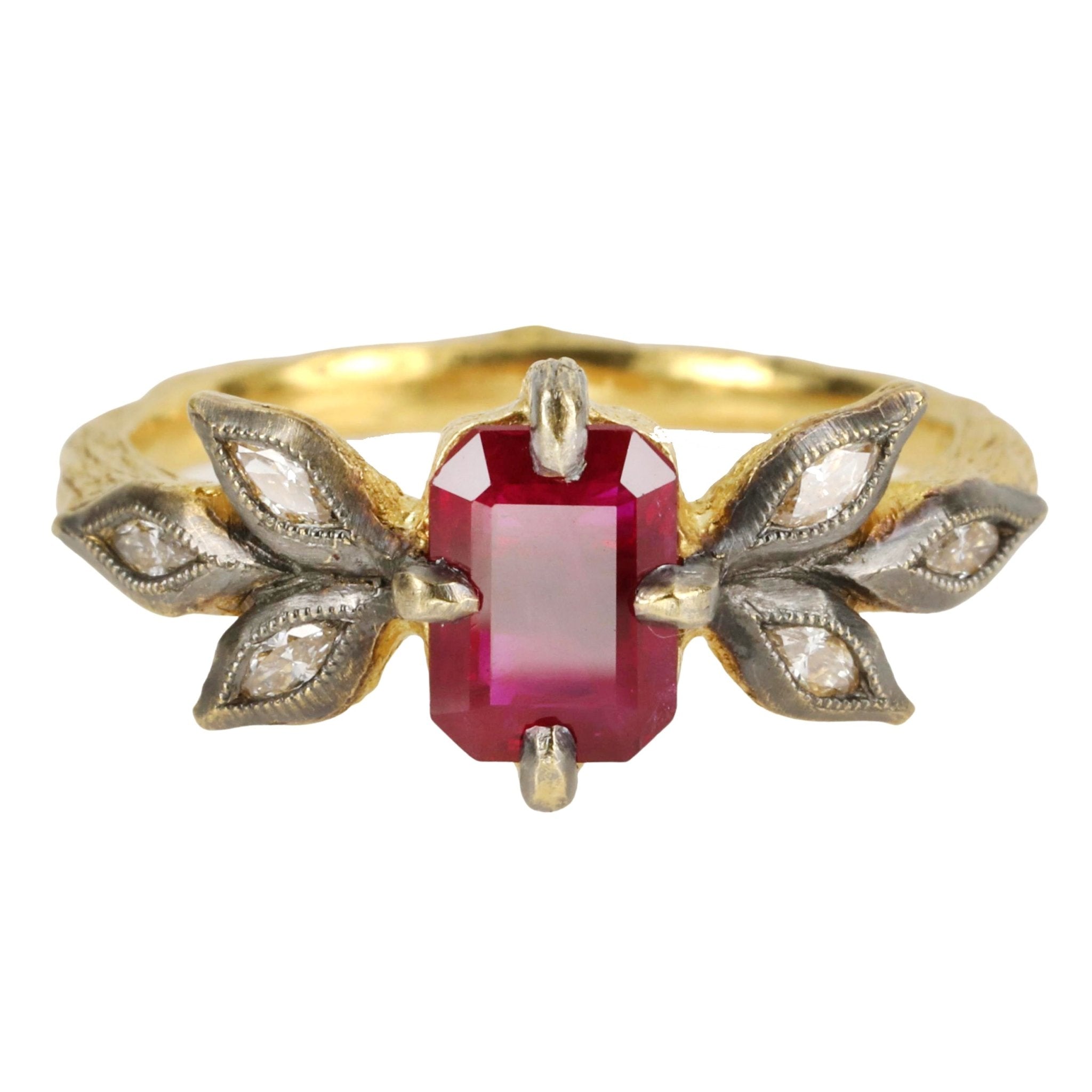 Cathy Waterman 22K Ruby Ring with Blackened Diamond "Leaves"